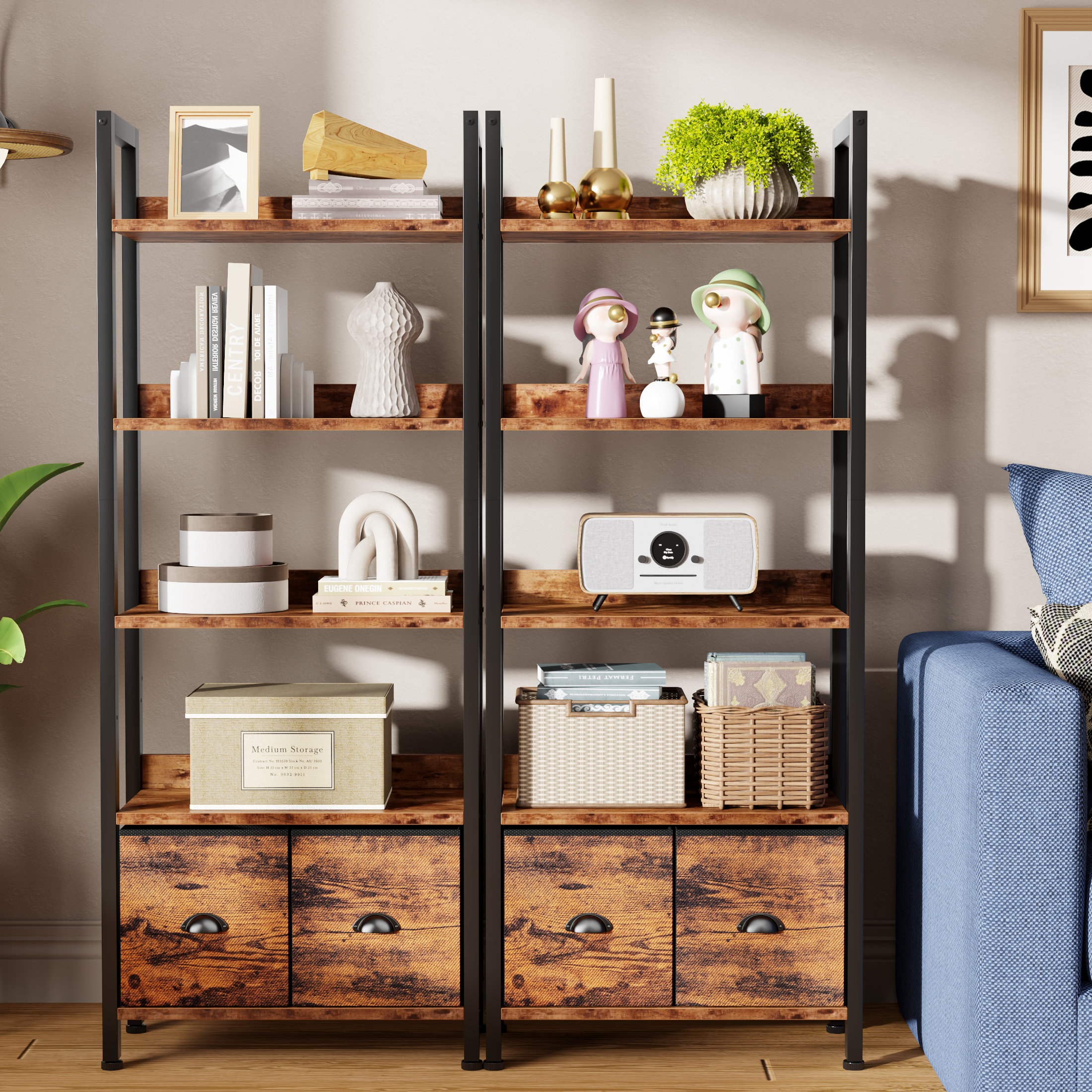 5 Tier Industrial Tall Bookcase with Two Storage Drawers Wood Metal Display Bookshelf Standing Organizer Shelf for Home Office Living Room Brown
