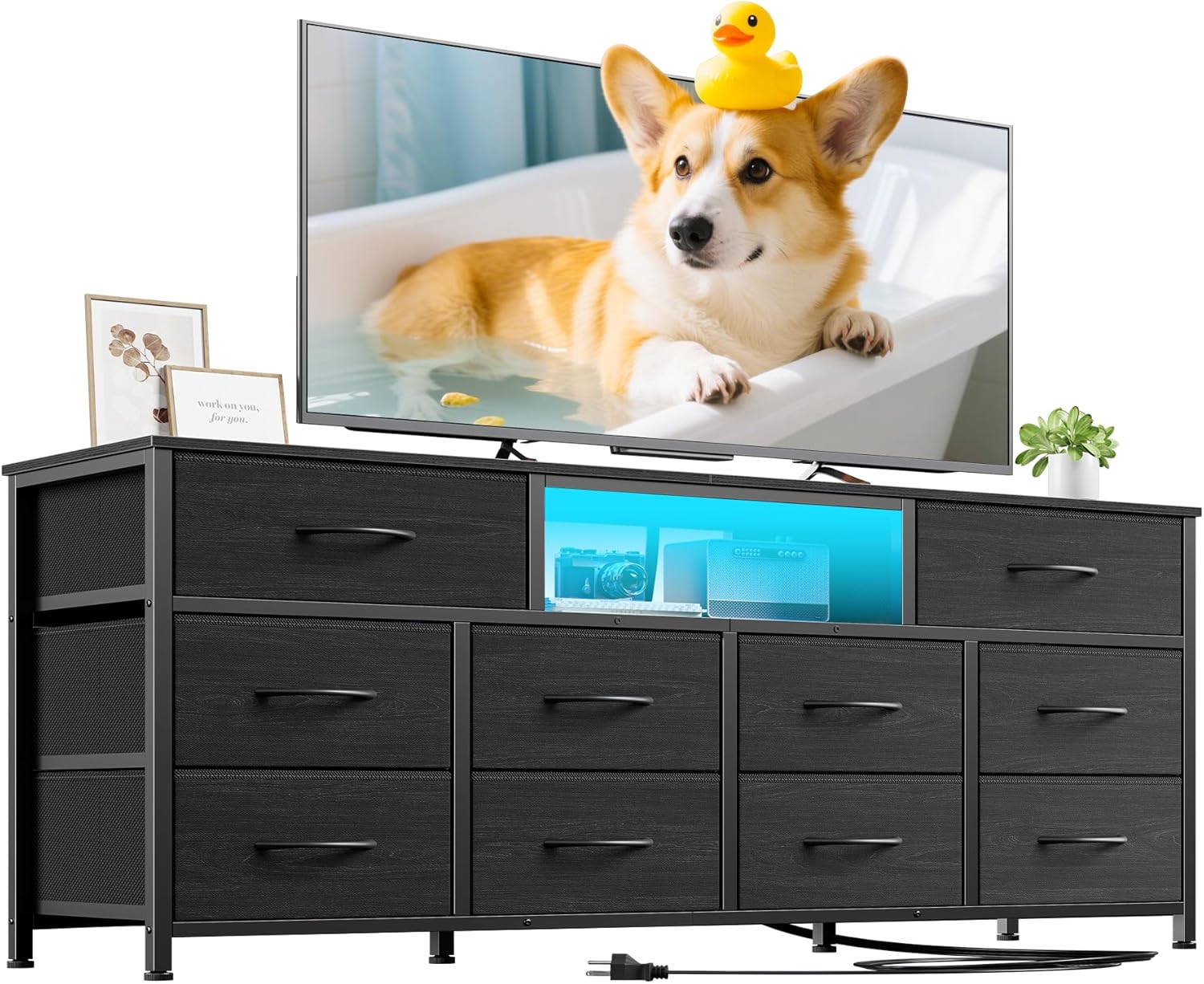Furnulem 55” Long Dresser for Bedroom TV Stand for 55 to 65 inch TV Black Dresser with 10 Fabric Drawers Chest  Center with Power Outlet  LED Light