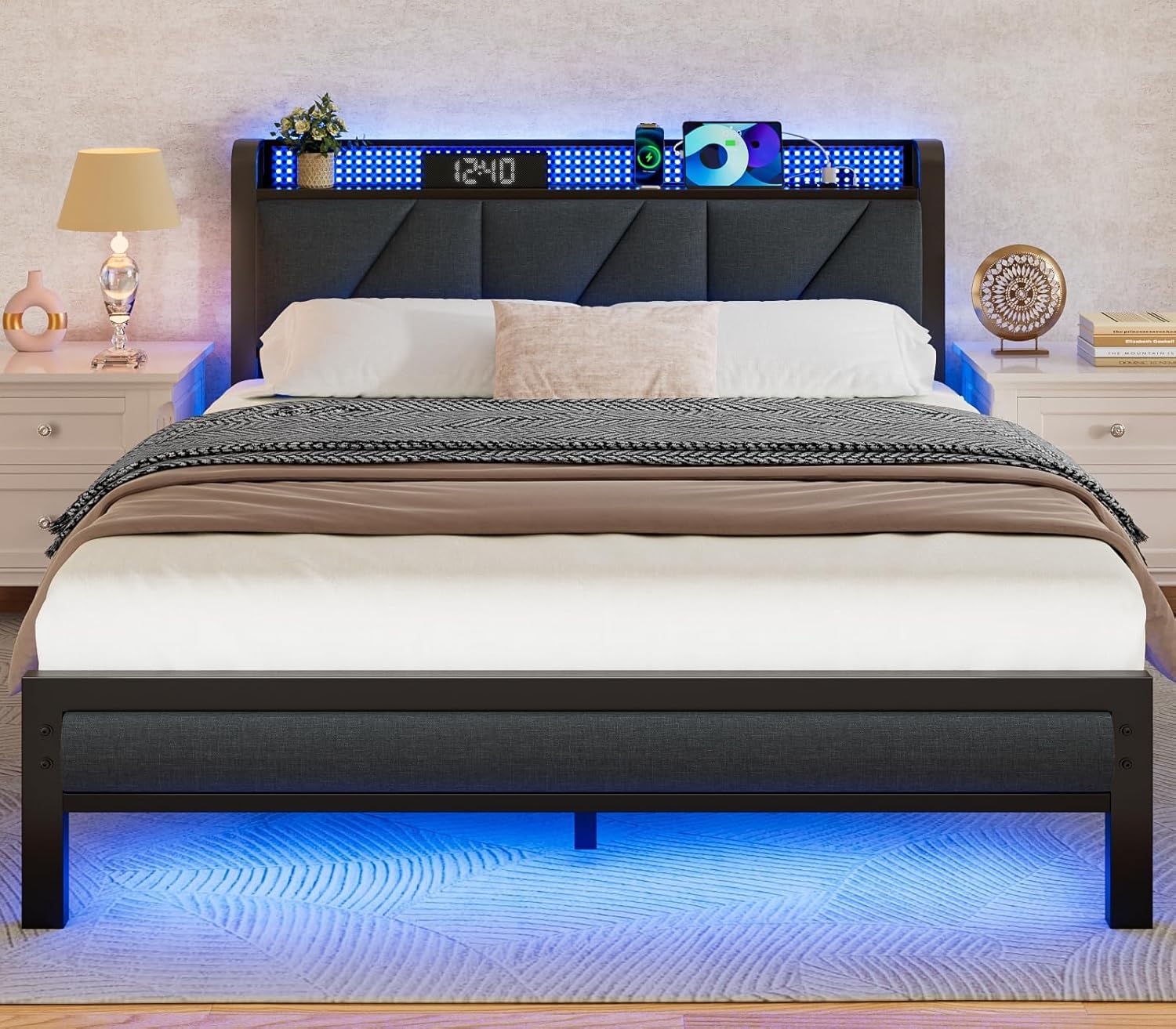 Furnulem Queen Size Bed Frame with Headboard and LED Lights, Upholstered Bedframe with Charging Station and USB Port  No Box Spring Needed