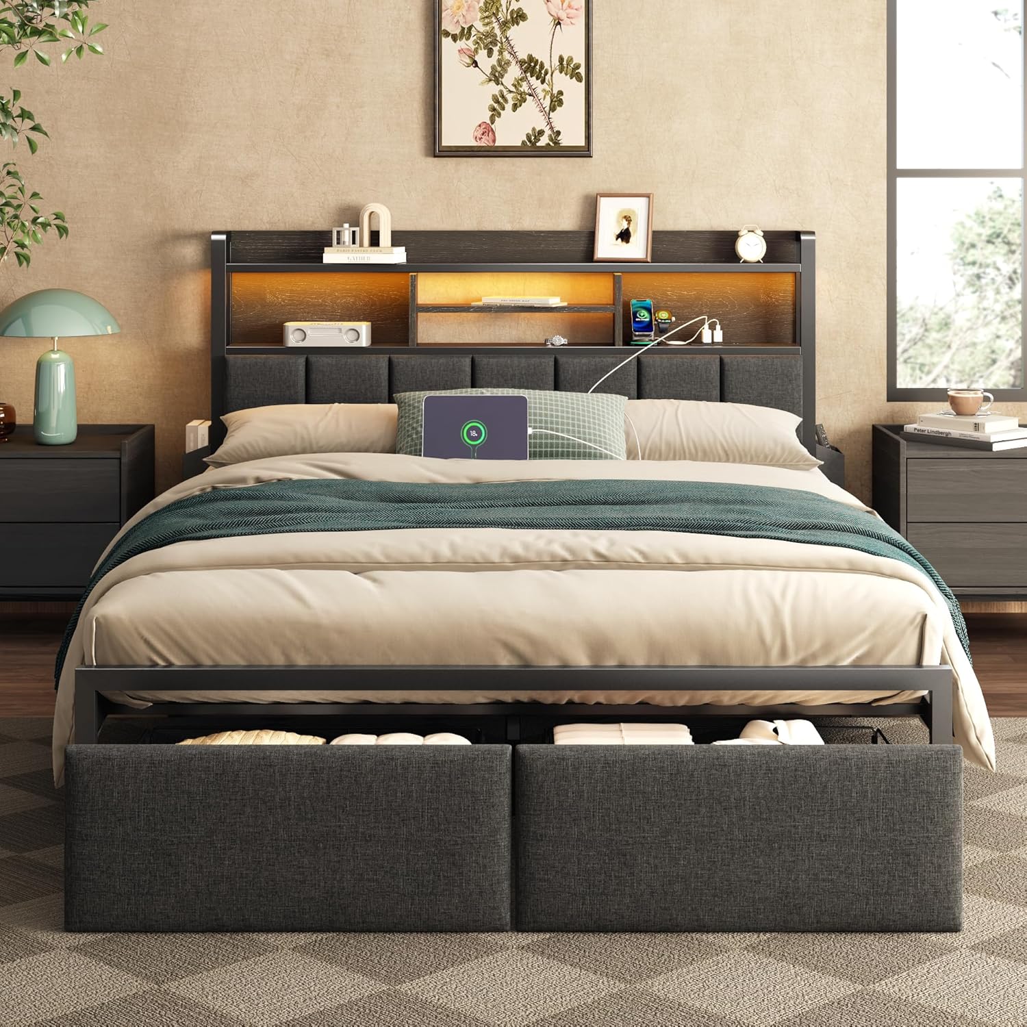 Furnulem Full  Bed Frame with Storage Drawers  Upholstered Headboard with Storage Shelf  LED Lights and Charging Station  Metal Platform Bed Frame