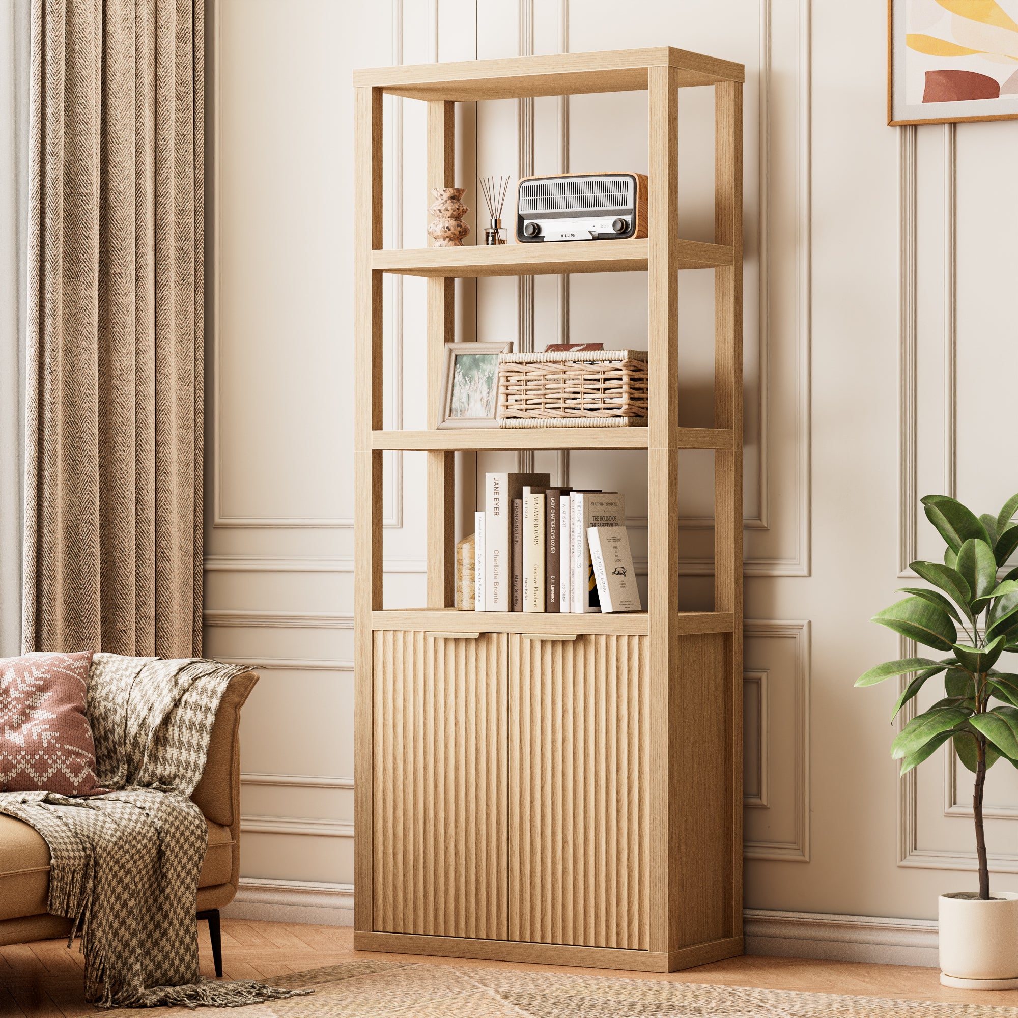 Furnulem Bookshelf and Bookcase with Door  Floor Standing 5-Tier Shelf Display Storage Shelves  Tall Bookcases for Home Office  Living Room