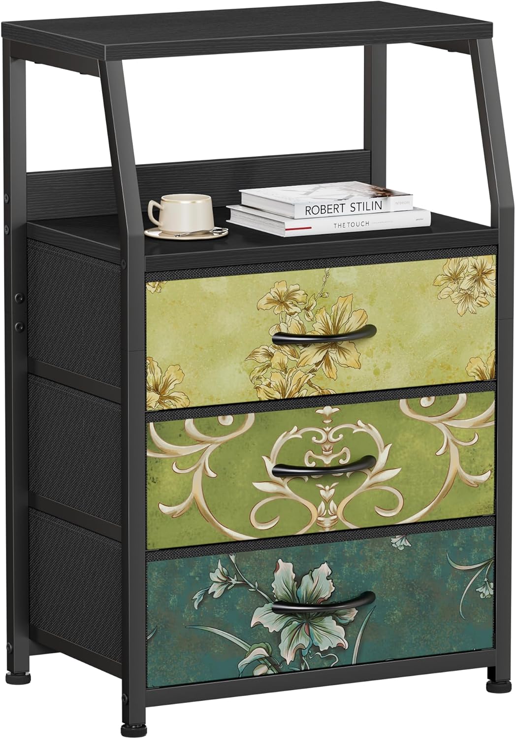 Furnulem Retro Nightstand with 3 Drawers & 2-Tier Shelf – Vintage Side Table for Bedroom or Closet