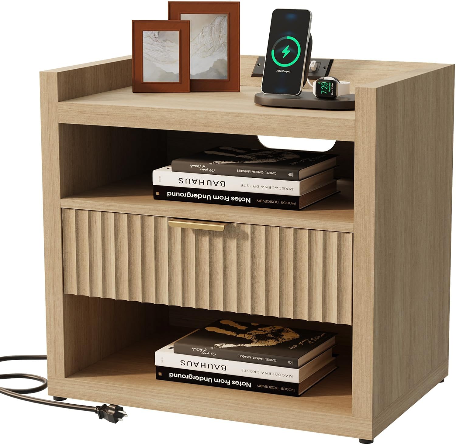 Furnulem Large recessed bedside table with charging station wooden bedside table with drawer  modern style bedside table 1 drawer