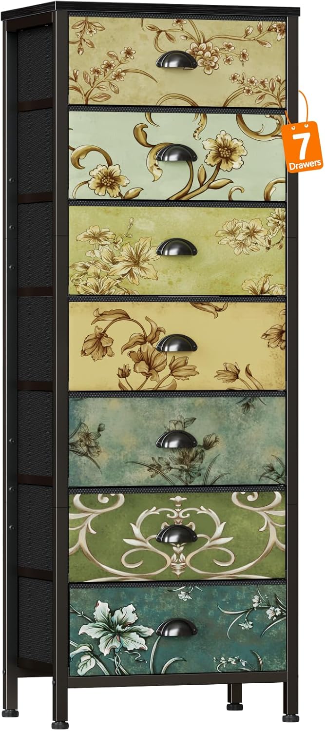 Furnulem Tall 7-Drawer Dresser – Vintage Fabric Storage Tower for Bedroom or Closet