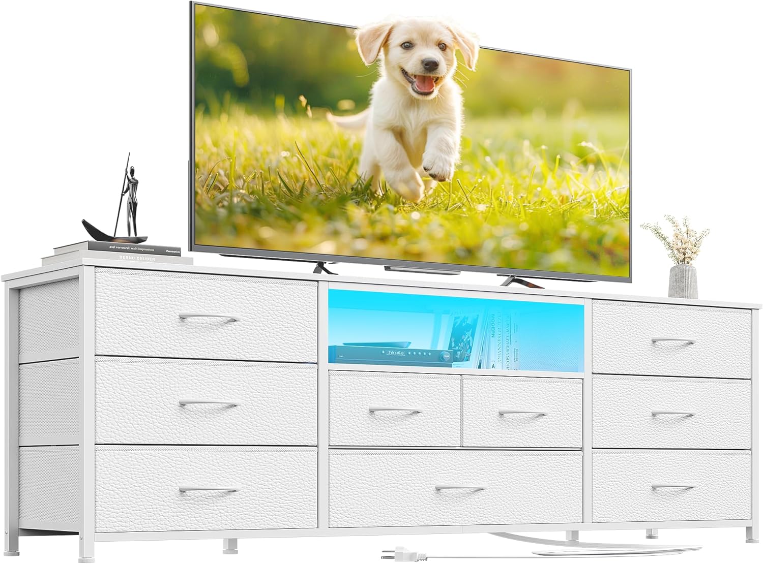 Furnulem 9 Drawer Dresser 63” Long TV Stand for Bedroom Entertainment Center with Power Outlet LED Light for 65"-75" TV White Dresser with Fabric