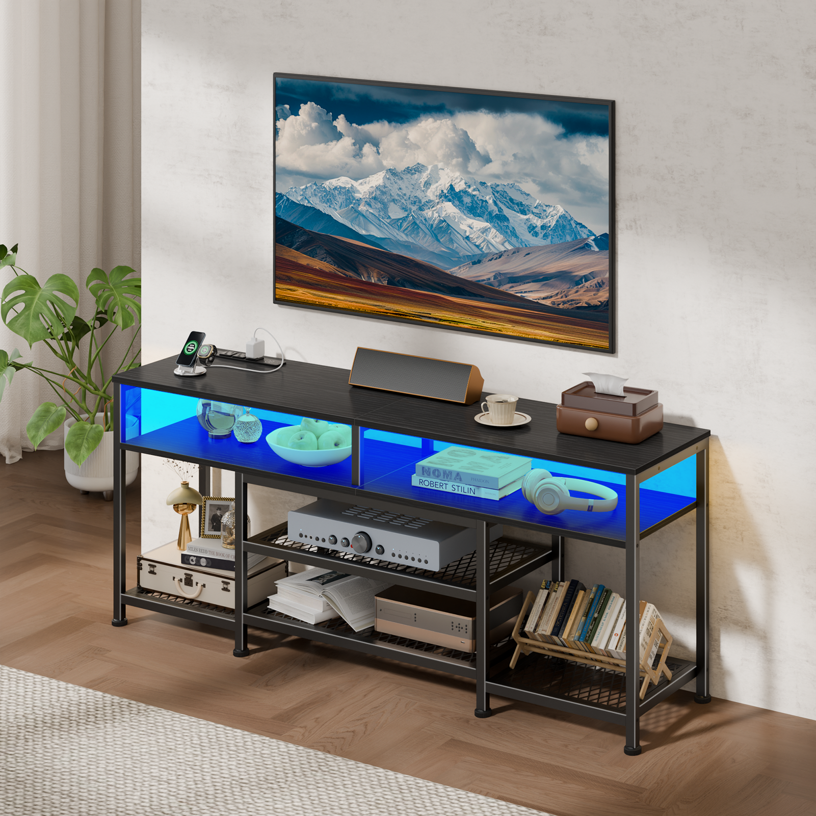 55 Inch Black TV Stand with Charging Station LED Lights Entertainment Center for TVs up to 60 Inch Media Console Storage Shelves Living Room Bedroom