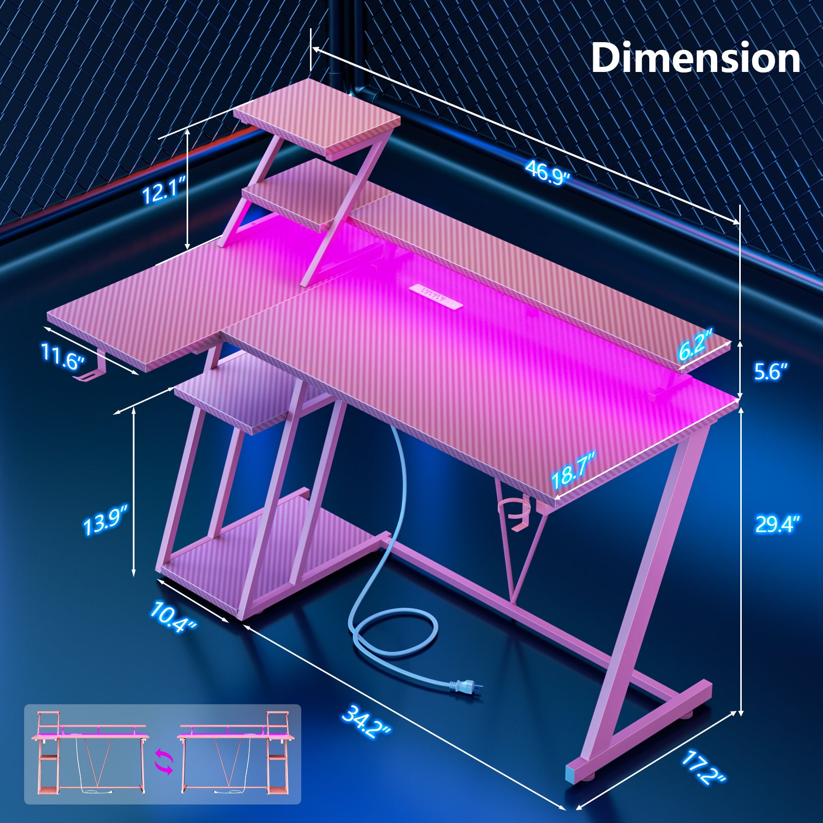 47 inch L Shaped Gaming Desk Pink Small Spaces Corner Computer Table with Monitor Stand Storage Shelves Gamer Desk Carbon Fiber Sturdy PC Room Desk