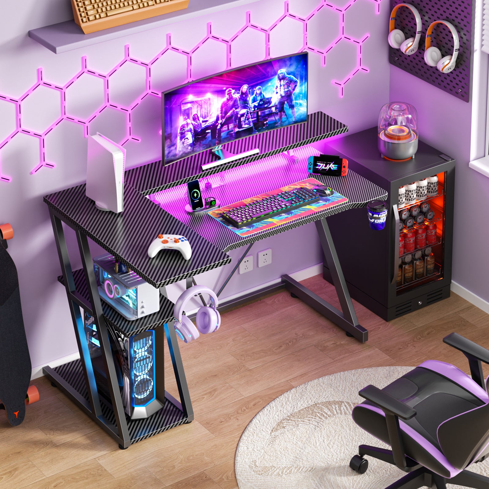 40 inch Black Gaming Desk Small Space L Shaped Computer Table with Monitor Stand 3 Tier Storage Shelves Carbon Fiber Gamer
