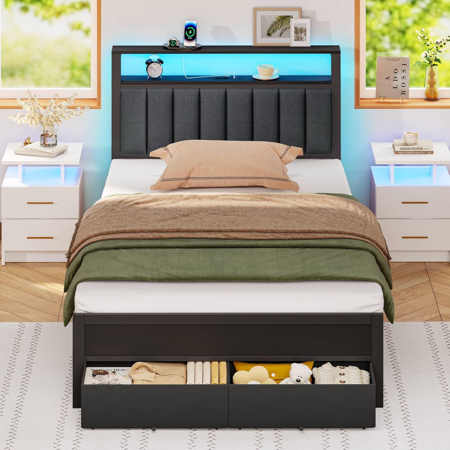 Twin Bed Frames  Grey Upholstered Headboard with Shelves Metal Platform Bed with 2 Under-Bed Storage (Fabric Drawer on Wheels) No Box Spring Needed