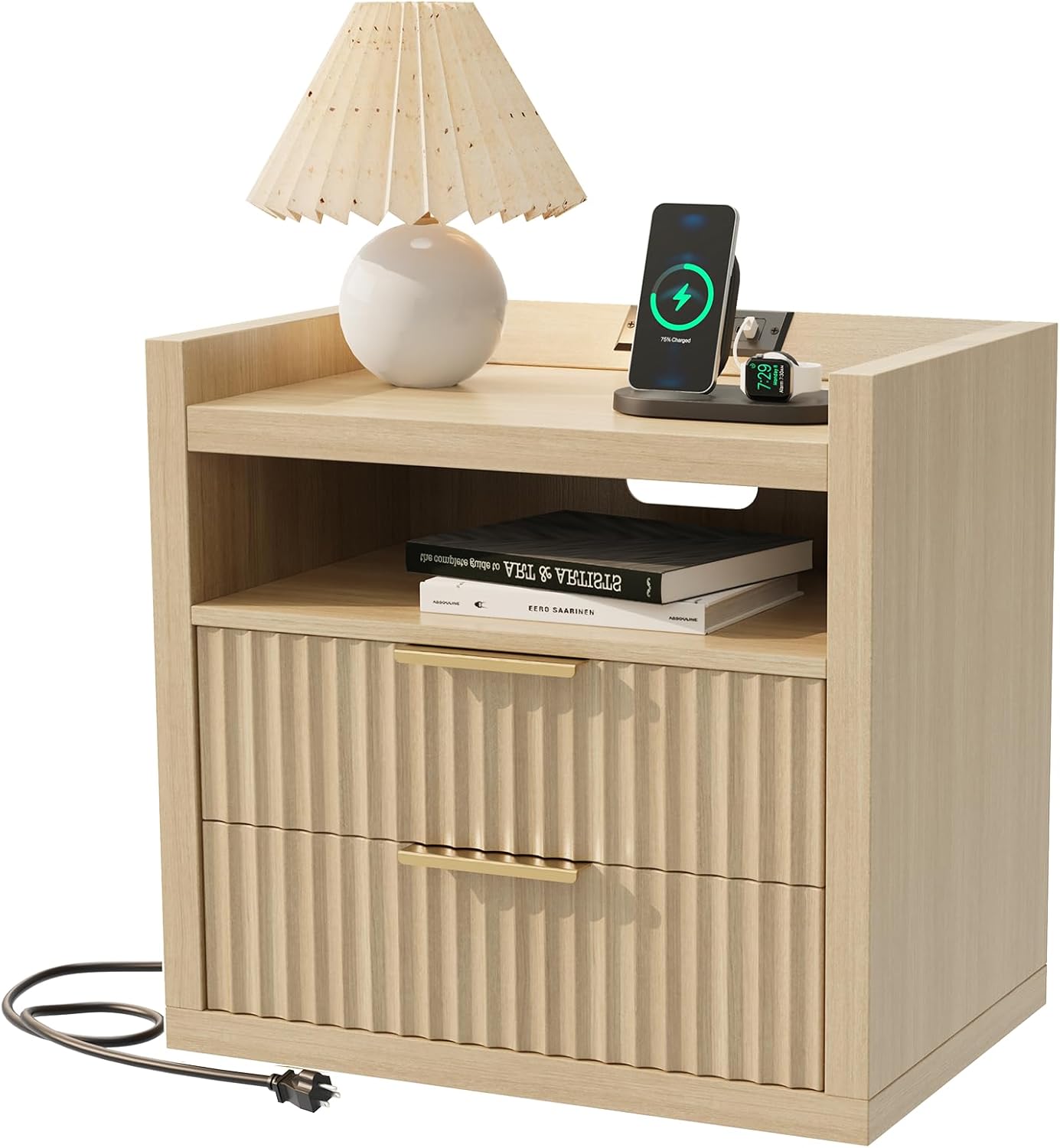 Furnulem Fluted Nightstands with Charging Station 24" Wide Nightstand with 2 Drawers Mid Century Side Table Natural Wooden End Table with Open Shelves