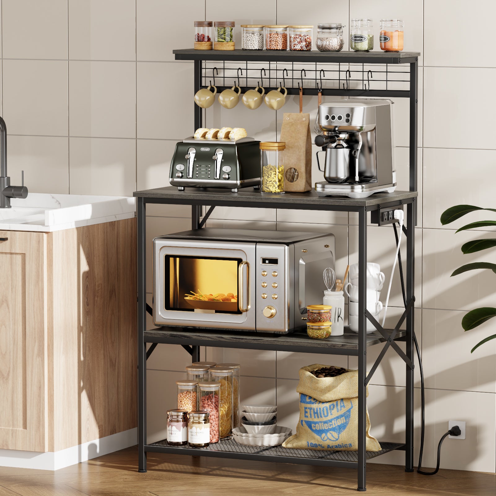 Qwatto Kitchen Bakers Rack with Power Outlets 31.5 Inch Coffee Bar Station 4 Tier Microwave Stand Storage Shelf with S Hooks Black Oak Utility Table