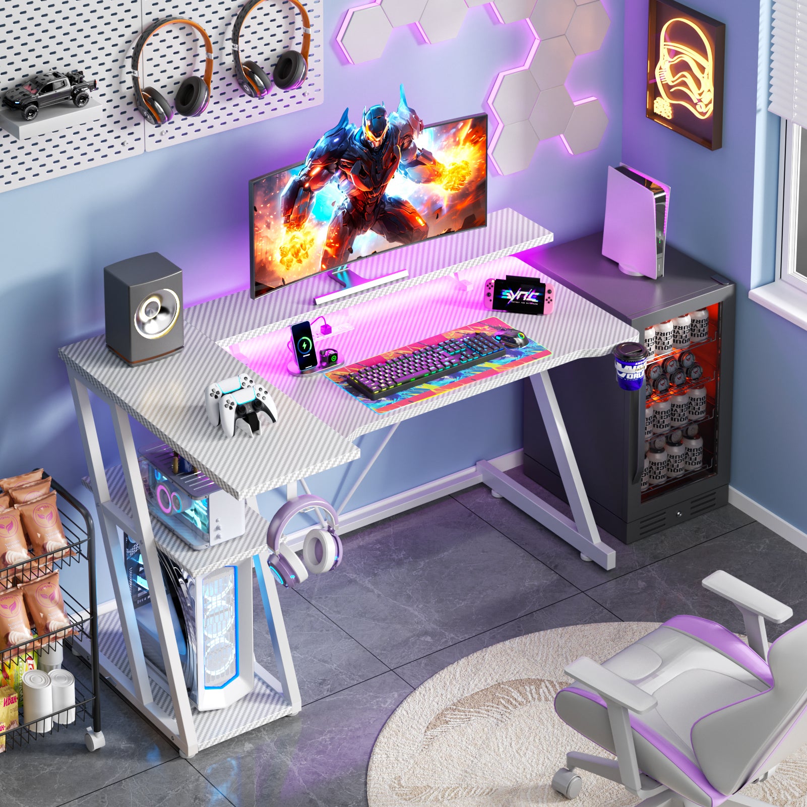 47 inch White Gaming Desk L Shaped Corner Computer Table with Monitor Stand 3 Tier Storage Shelves Bedroom Study Home Office PC Setup Sturdy Work Desk
