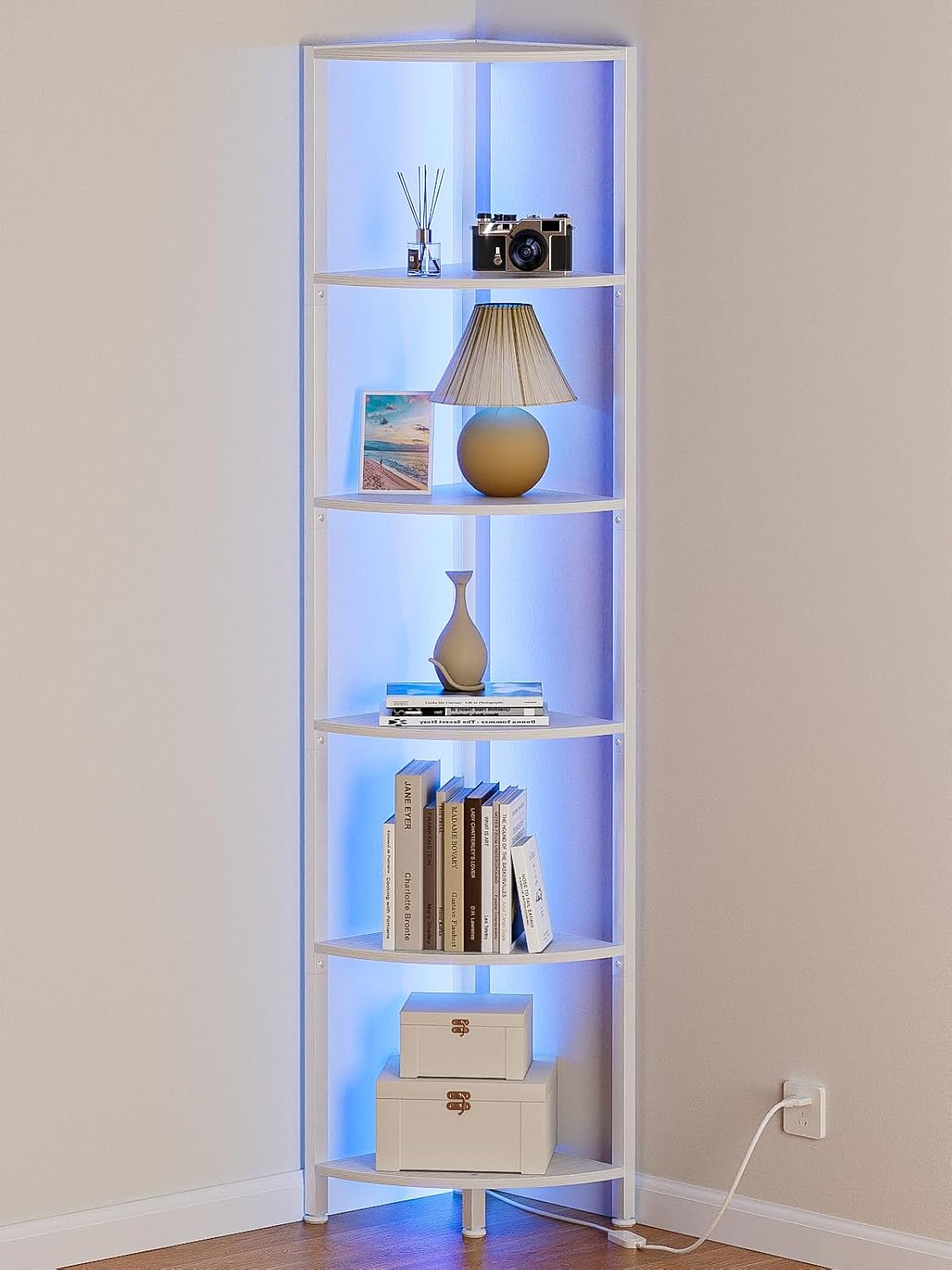 6 Tier Corner Shelf with LED Light, 67.5" White Narrow Bookshelf