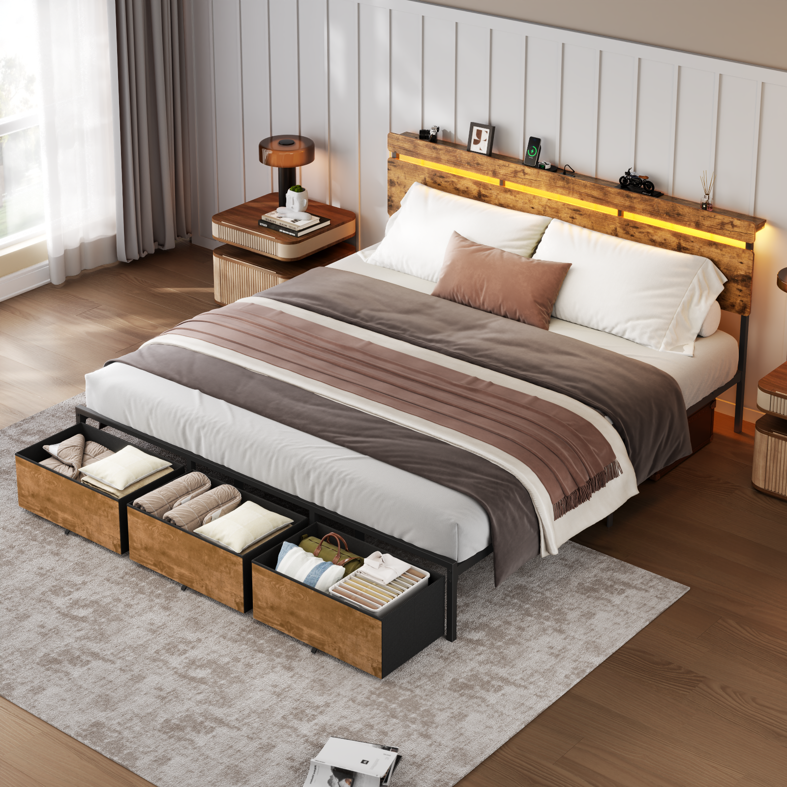 Vintage Brown King Size Bed Frame with 3 Storage Drawers LED Lights Charging Station Industrial Wood Headboard Shelf Metal Platform No Box Spring