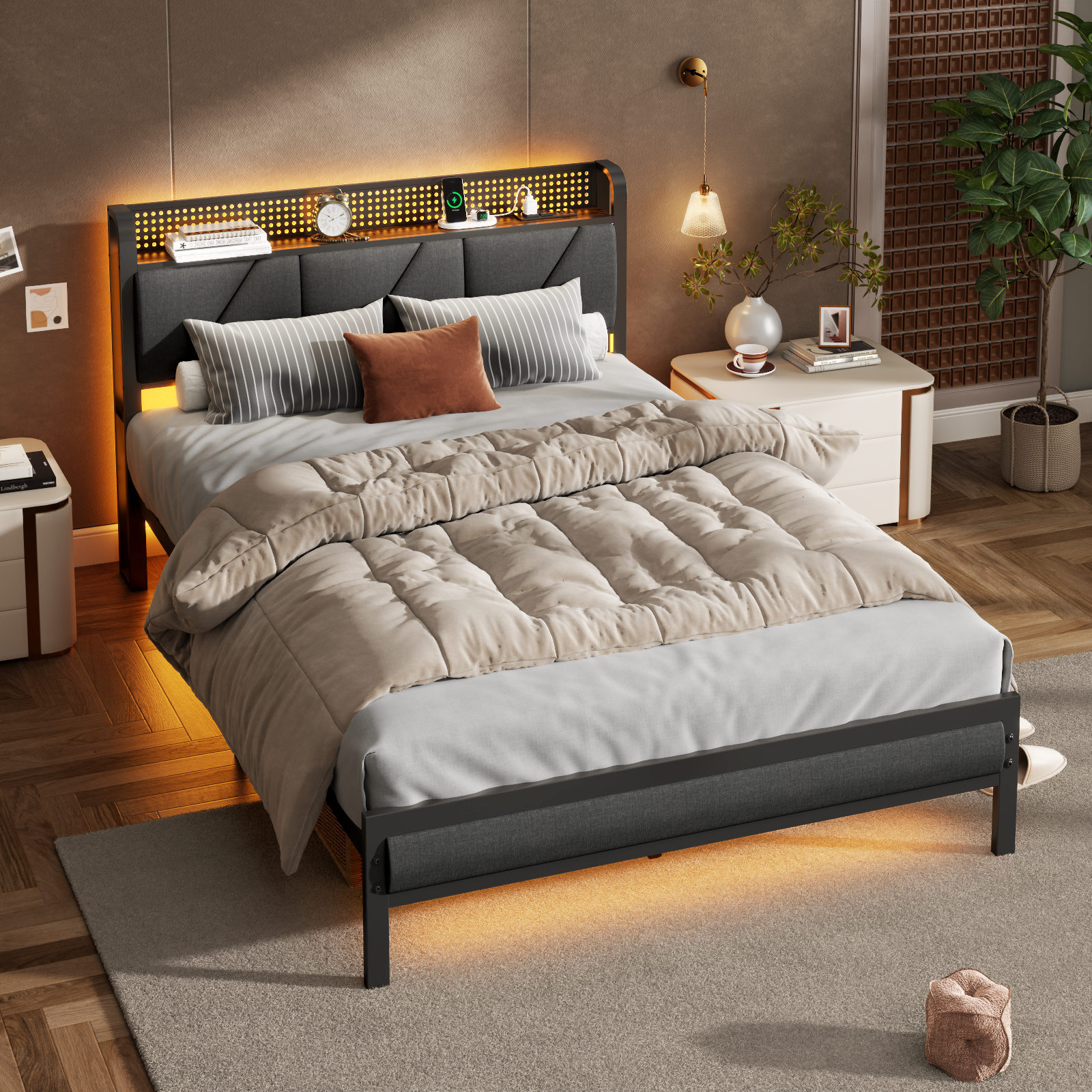 Furnulem Full Bed Frame with LED Lights,Headboard with Charging Station and USB Port,Upholstered Platform Bedframe Metal Support,No Box Spring Needed