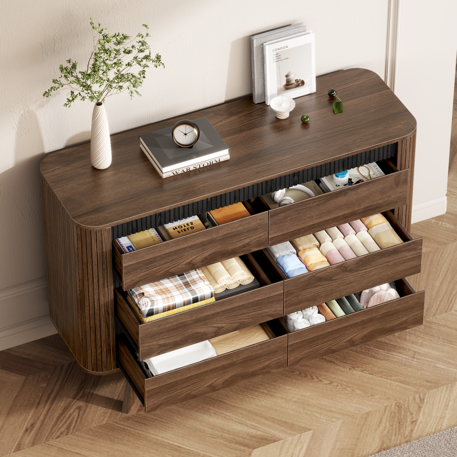 Large 6 Drawer Double Dresser Wood Storage Chest of Drawers Curved Roller Shutter Design Wide Organizer Cabinet Bedroom Living Room Home