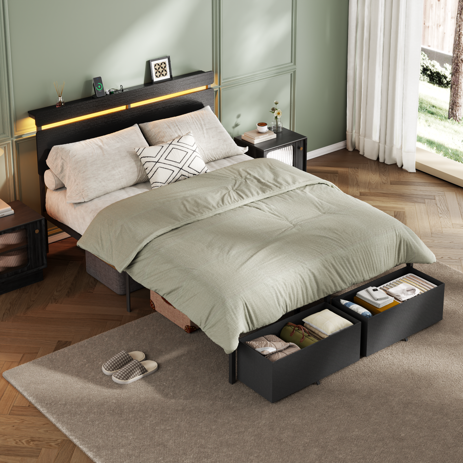 Full Size Bed Frame with Wood Headboard Black Platform Bed with 2 Storage Drawers Shelf Built in Charging Station  LED Lights No Box Spring Needed