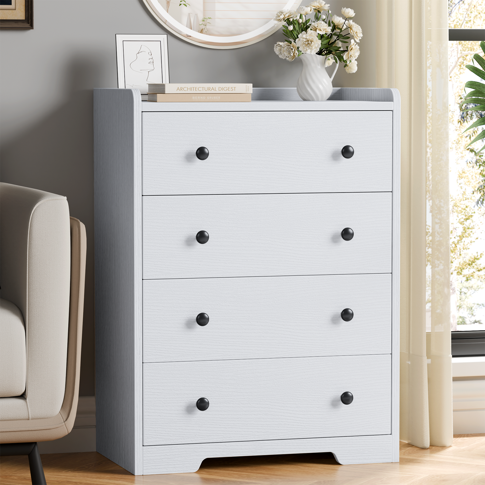 Furnulem 4-Drawer Dresser for Bedroom - White Wood Chest of Drawers Closet Storage Cabinet Organizer for Bedroom
