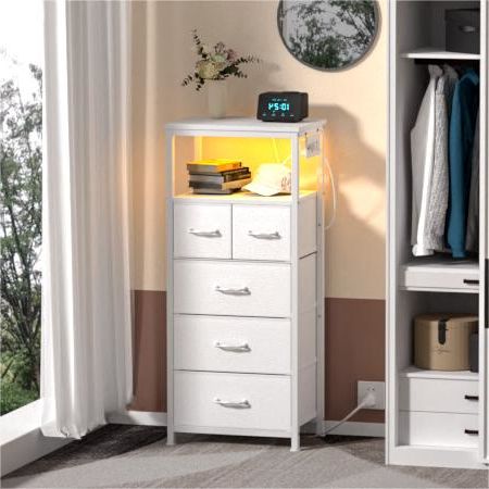 Furnulem Tall LED Dresser with Charging Station and 5 Drawers