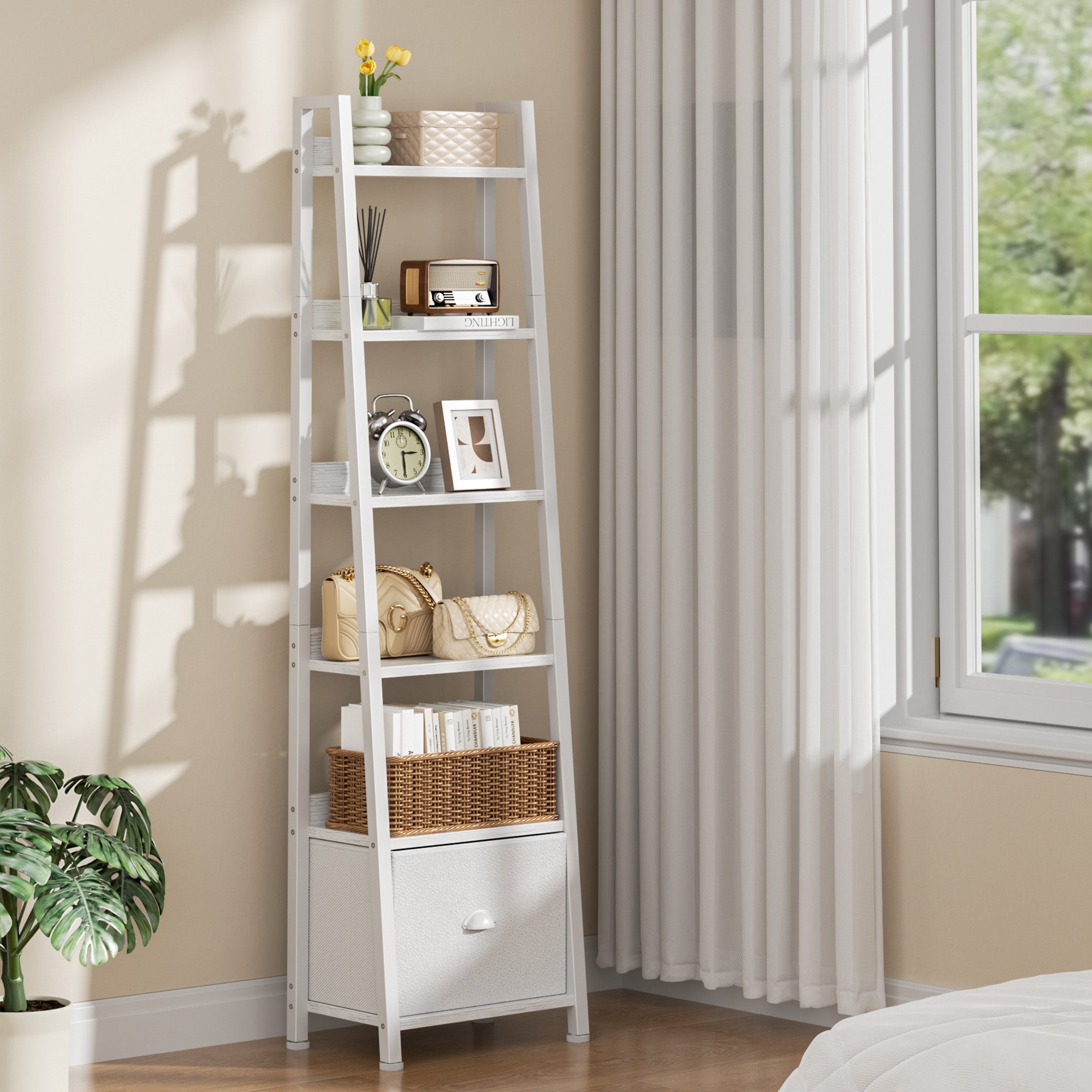 Qwatto White 6 Tier Ladder Bookshelf with Drawer Tall Industrial Wood Metal Freestanding Storage Rack Etagere Display Bookcase for Home Office Rooms