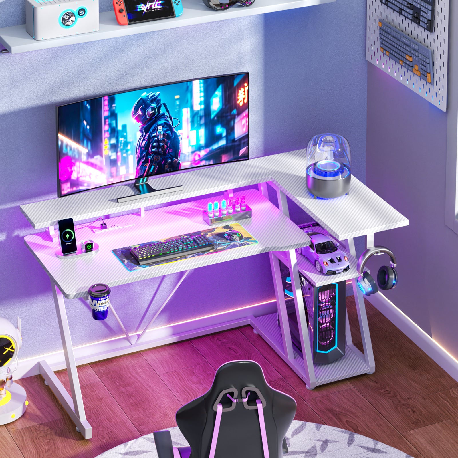 40 inch L Shaped Gaming Desk with LED Lights and Power Outlet Corner Computer Desk for Small Space with Monitor Stand 3 Tier Storage Shelves White