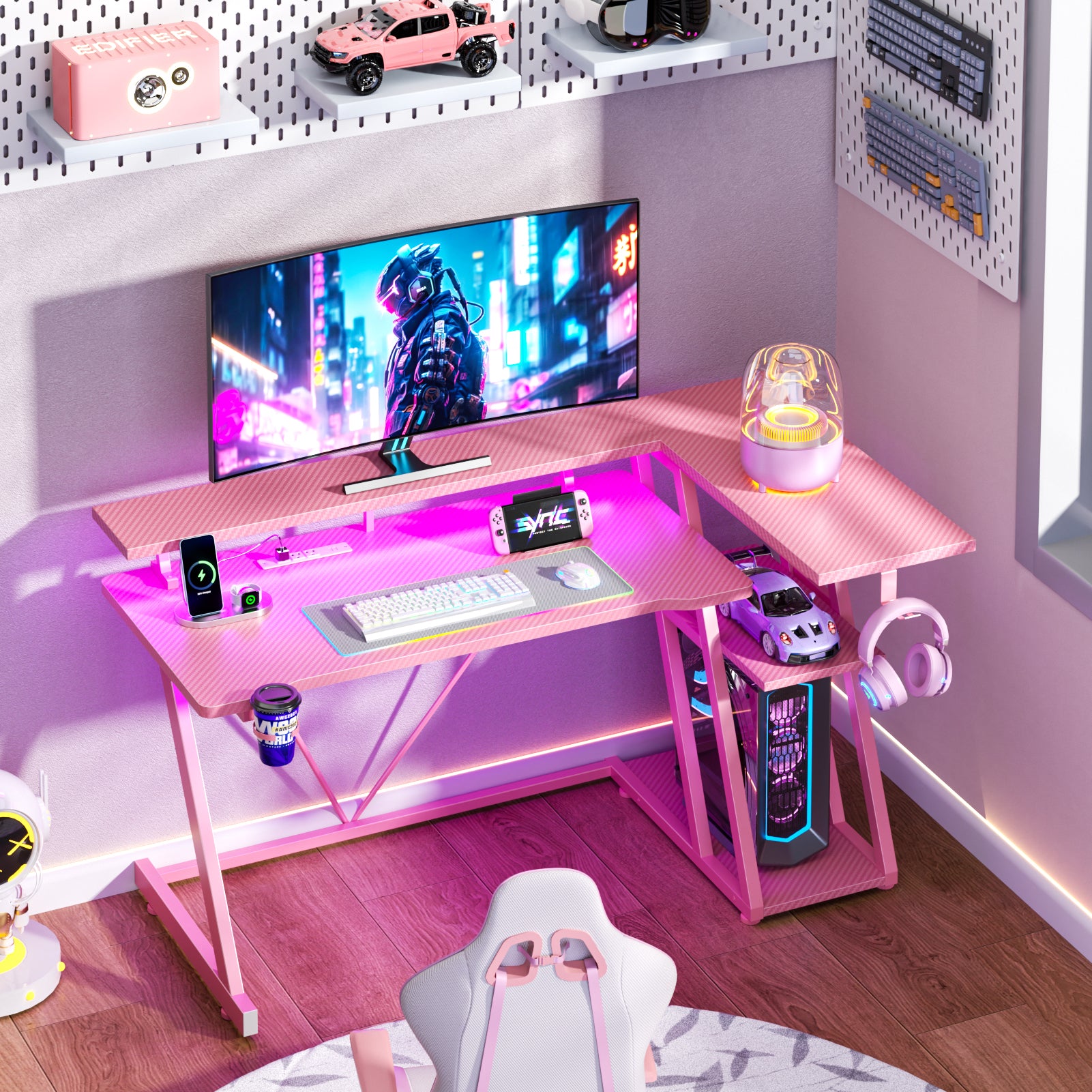 40 inch L Shaped Gaming Desk LED Lights Power Outlet Corner Computer Table with Monitor Stand 3 Tiers Storage Shelves Carbon Fiber Gamer Desk Pink