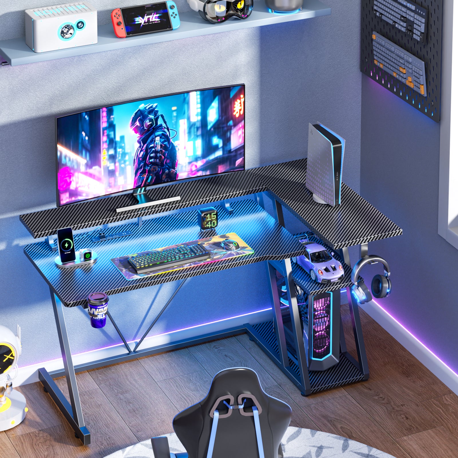 40 inch Black Gaming Desk with LED Lights Power Outlet Small Space L Shaped Computer Table with Monitor Stand 3 Tier Storage Shelves Carbon Fiber Gamer