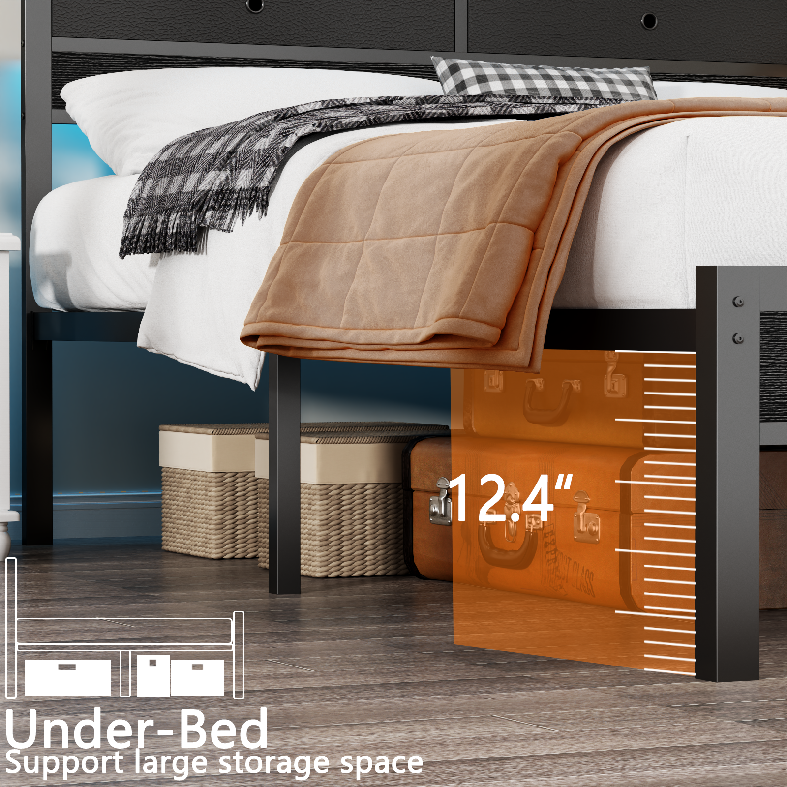 Furnulem Queen Bed Frame with Headboard  2 Fabric Drawers Bed Frame  Featuring LED Lights Built-in Charging Station  Storage  No Box Spring Needed