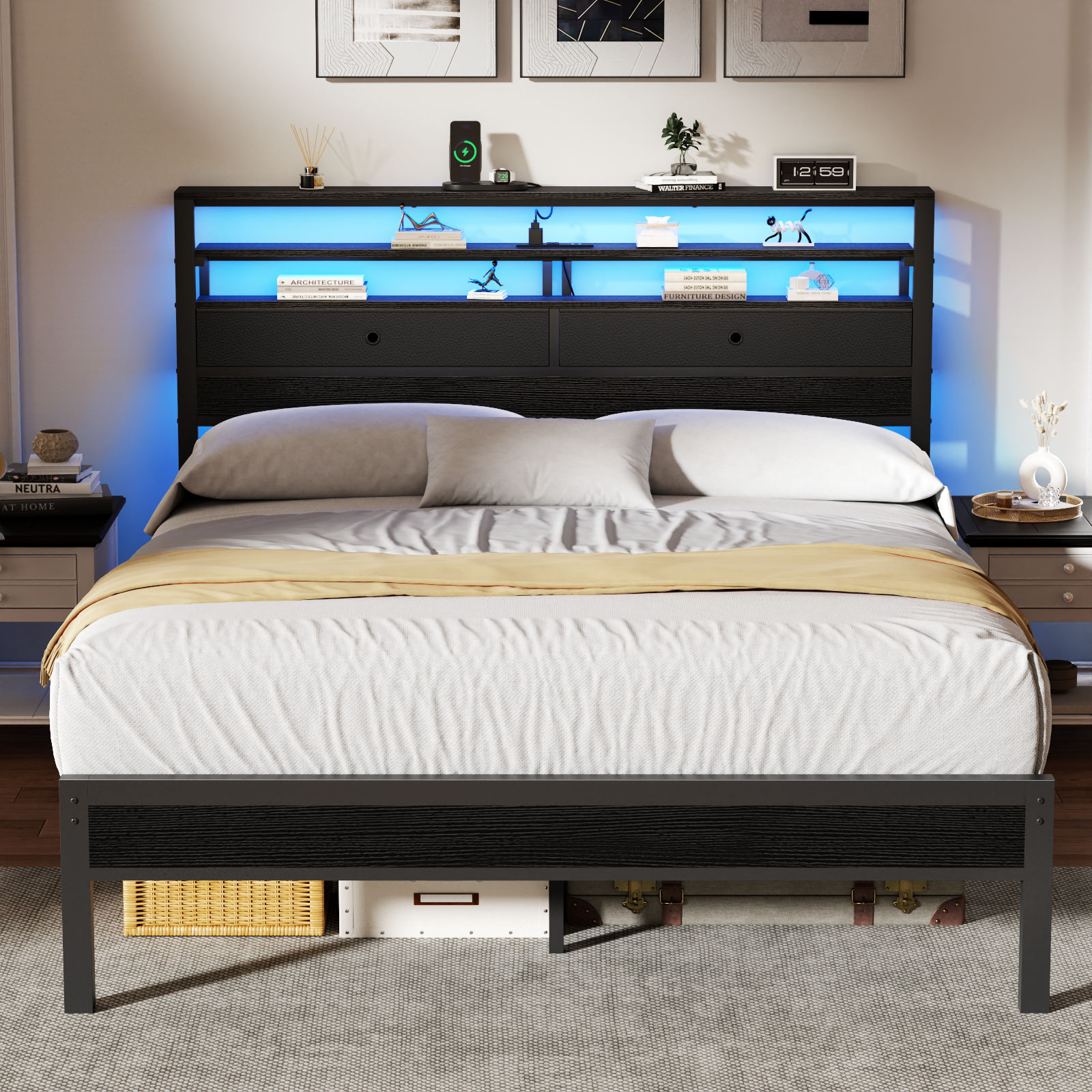 Furnulem Queen Bed Frame with Headboard  2 Fabric Drawers Bed Frame  Featuring LED Lights Built-in Charging Station  Storage  No Box Spring Needed