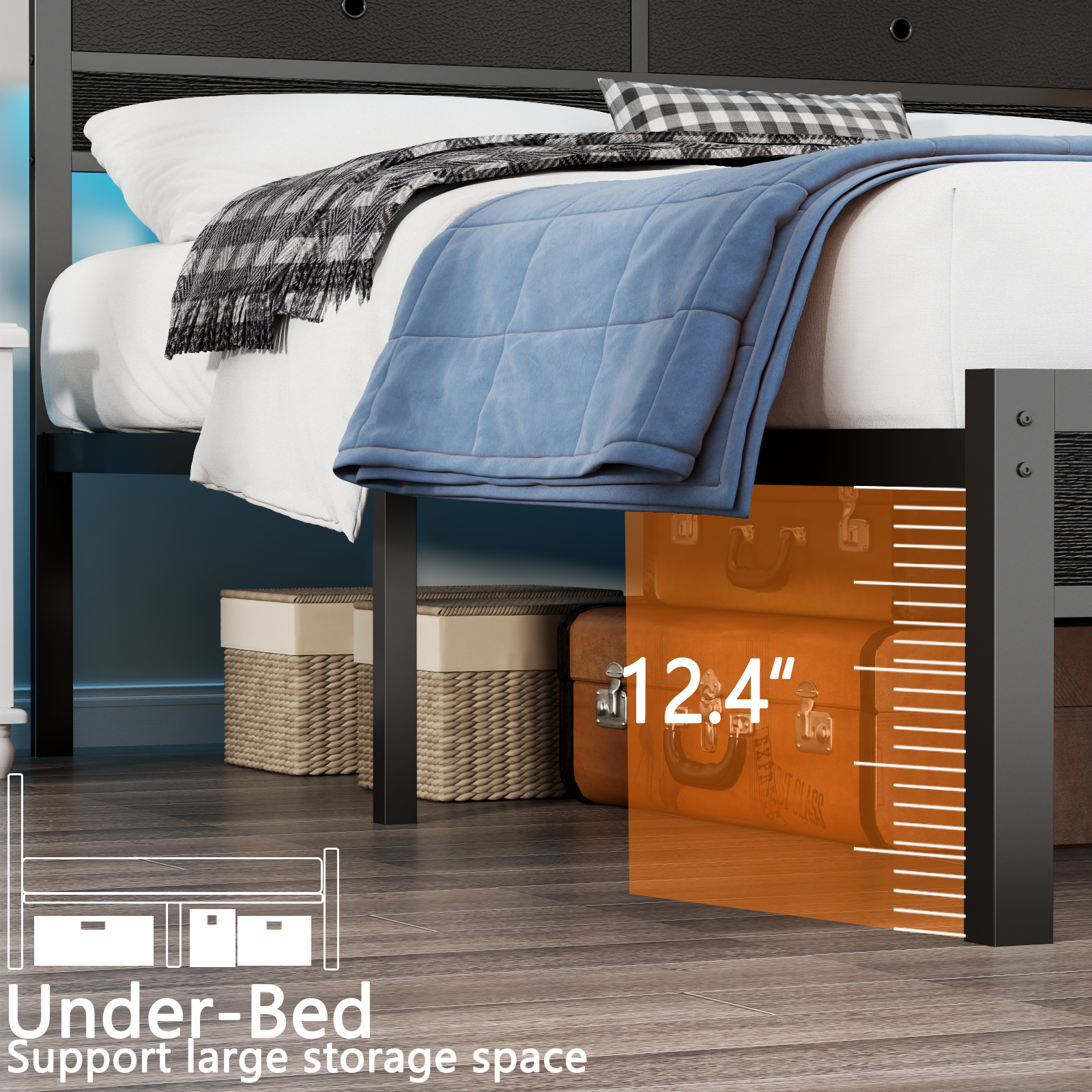 Furnulem Full Size Bed Frame with Headboard  2 Fabric Drawers  Bed Featuring LED Lights Built-in Charging Station  Storage Shelves No Box Spring Needed