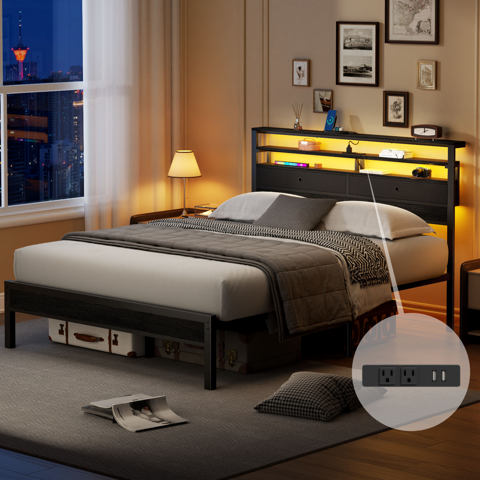 Furnulem Queen Bed Frame with Headboard  2 Fabric Drawers Bed Frame  Featuring LED Lights Built-in Charging Station  Storage  No Box Spring Needed