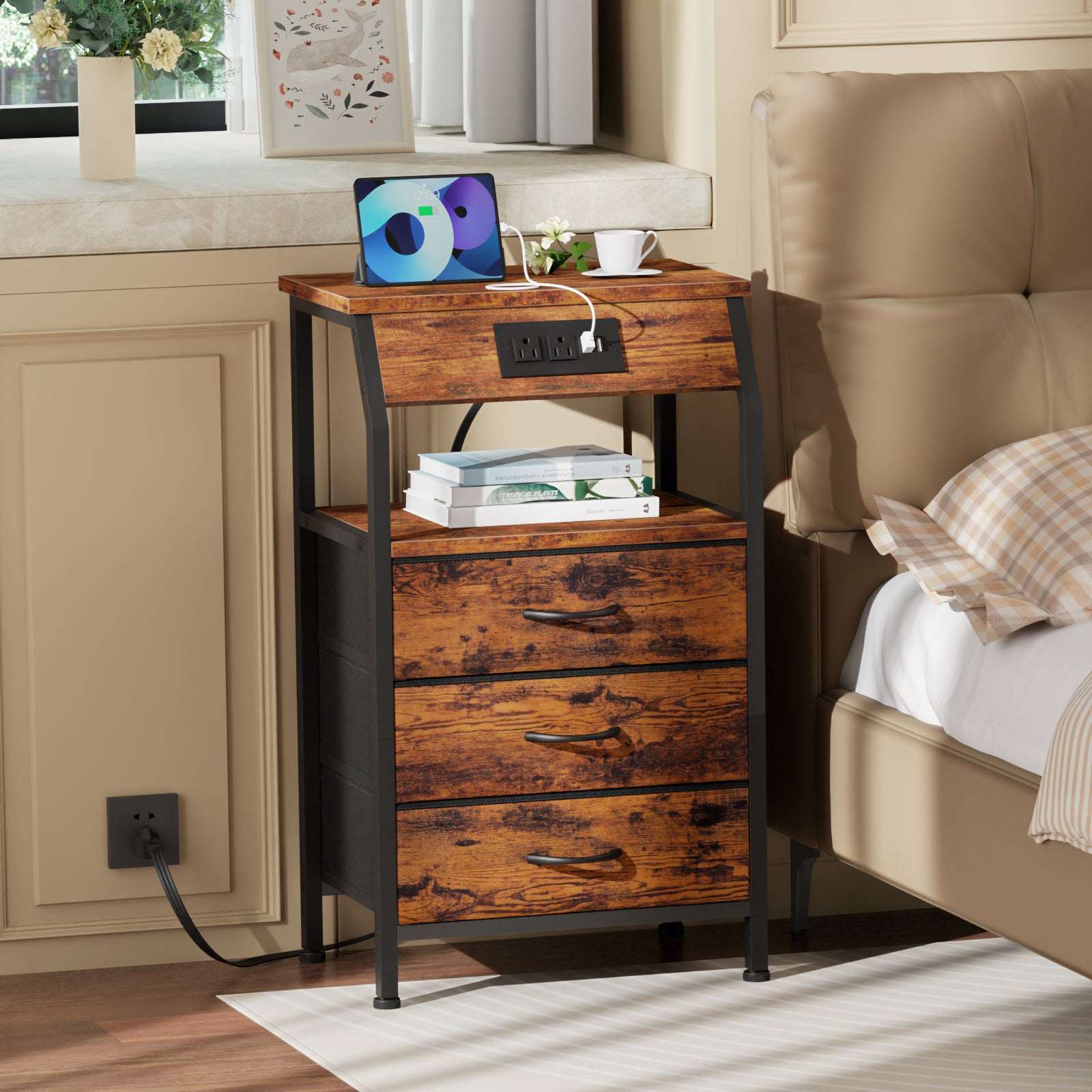 Furnulem Nightstand with Charging Station and Multi Fabric Drawers