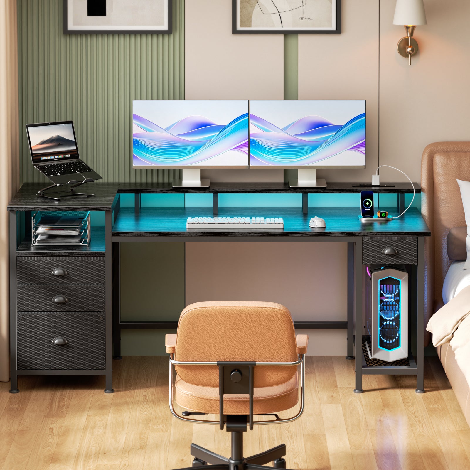 60 Inch Computer Desk with Charging Station LED Lights 4 Drawers Black Gaming Desk Printer Shelf Storage Home Office Work Table Fabric File Cabinet