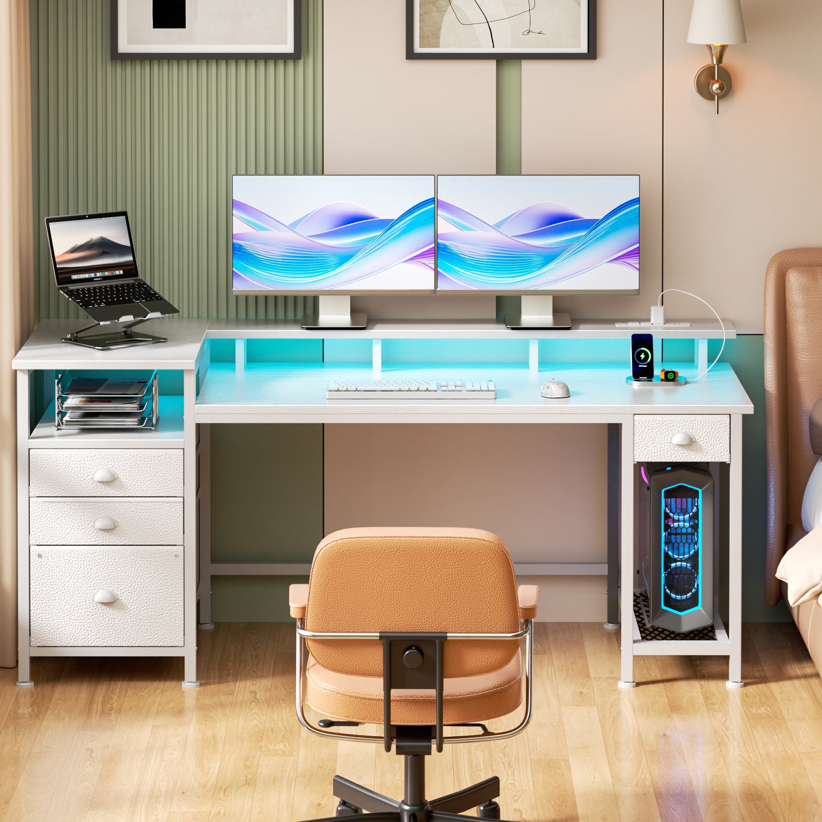60 Inch White Computer Desk with Charging Station Gaming Desk LED Lights 4 Drawers File Cabinet Storage Home Office Work Table Modern Bedroom Study