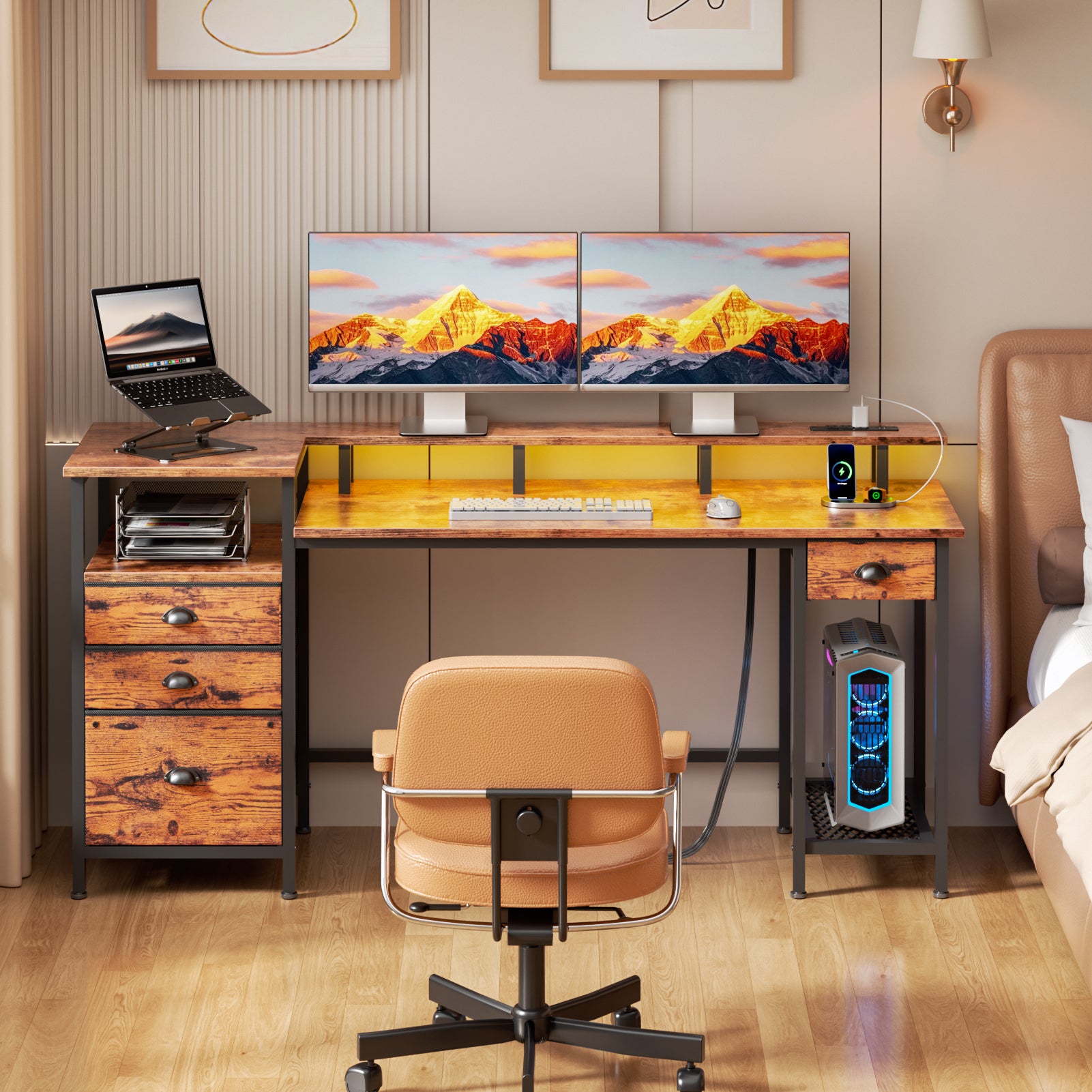 60 Inch Computer Desk with Charging Station Reversible Gaming Desk LED Lights File Cabinet Monitor Stand Rustic Brown Home Office 4 Drawers Shelf