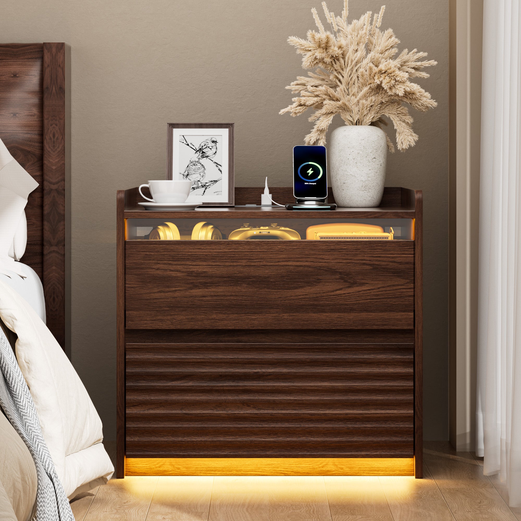 Qwatto Fluted Bedside Nightstand with Charging Station LED Light 2 Drawer Storage Cabinet Walnut Modern Side Table Bedroom Storage Cabinet