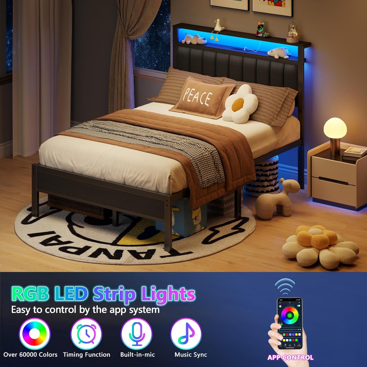 Furnulem Twin size bed frame with charging station and LED light gray upholstered headboard two-tier storage shelves no spring mattress required