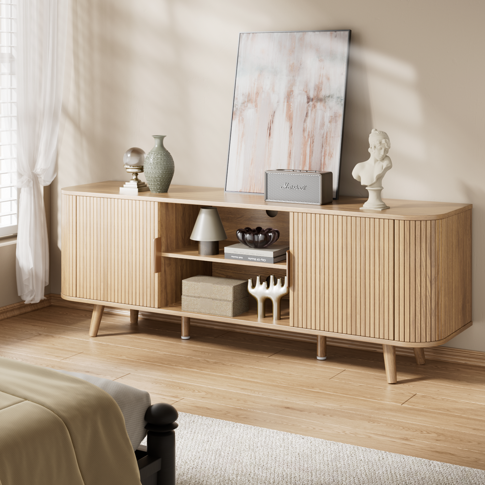 55 Inch Tambour Door TV Stand Oak Wood Media Cabinet for 65 Inch TV Arc Curved Edge Design Mid Century Modern Console with Open Shelves