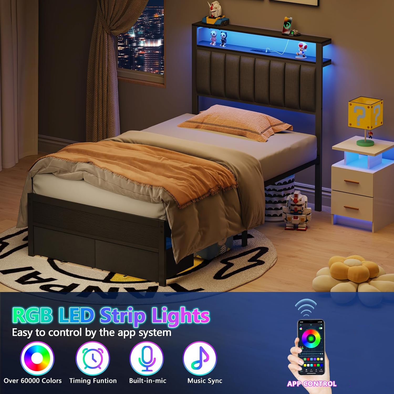 Full Bed Frames Grey Upholstered Headboard with Shelves Metal Platform Bed with 2 Under-Bed Storage (Fabric Drawer on Wheels) No Box Spring Needed