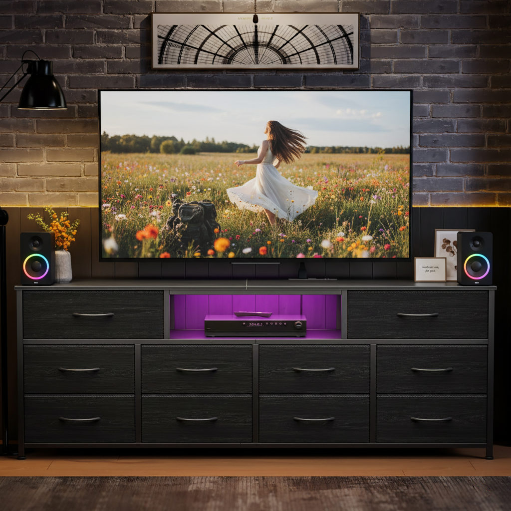 Black Chest of Drawers 10 Drawer Dresser TV Stand with LED Lights Charging Station Media Console for 75 Inch TV 63 Inch Bedroom Storage Unit Fabric