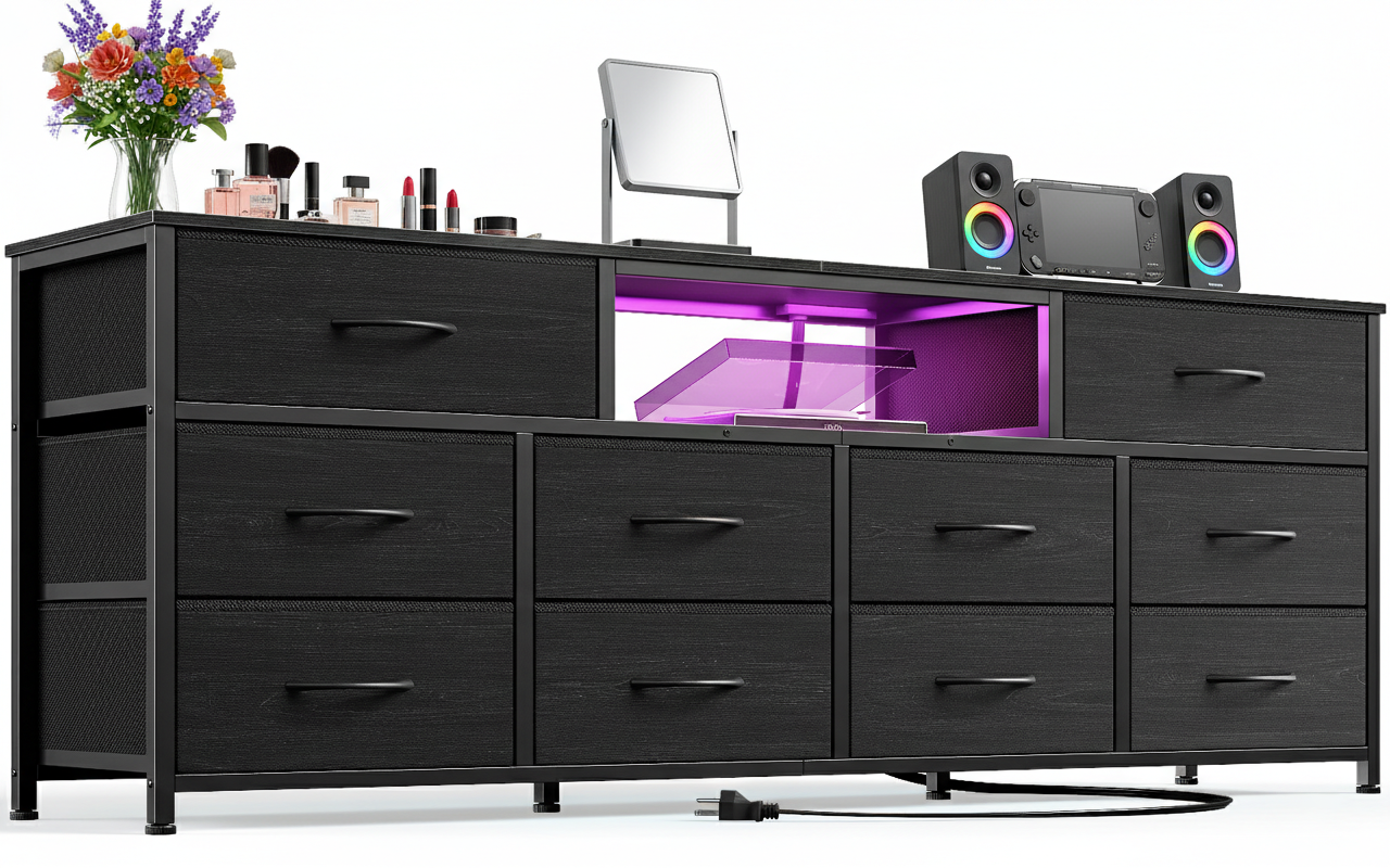 55-inchLong Dresser for Bedroom TV Stand for 55 to 65 inch TV Black Dresser with 10 Fabric Drawers Chest Center with Power Outlet LED Light