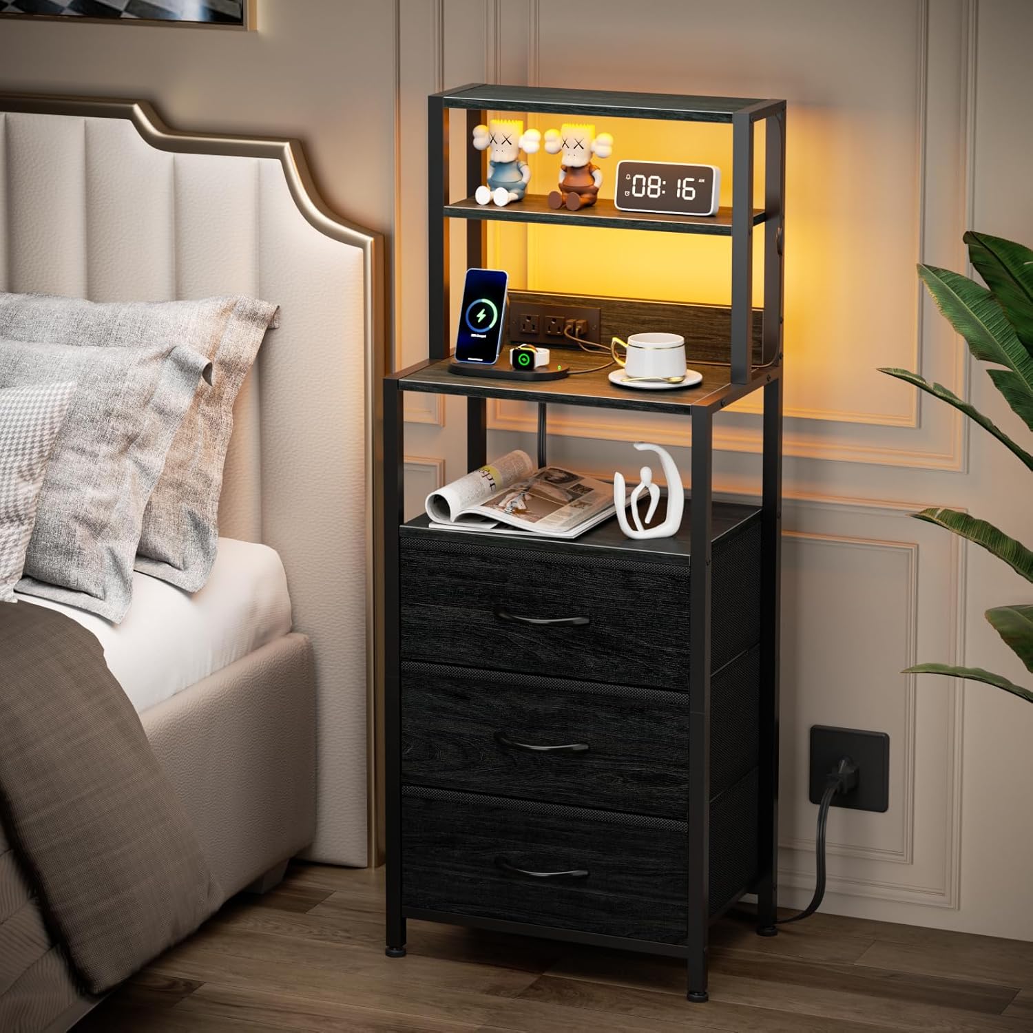 Furnulem Night Stand Set 2, Black nightstand Set of 2 with Charging Station, Bedside Table with Storage Shelf and 3 Fabric Drawers, Bed Side Table for Bedroom, Home Office, Dorm