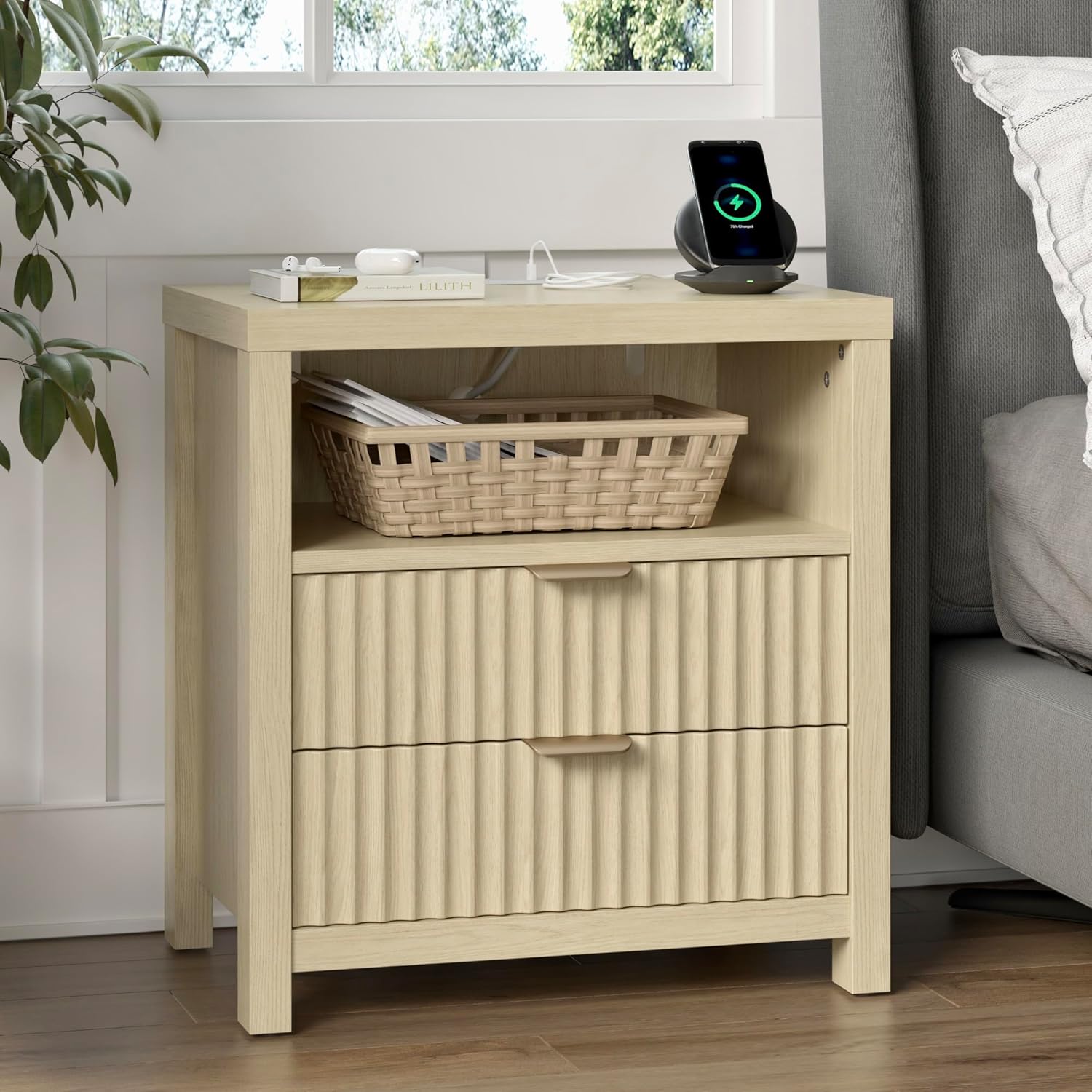 Furnulem Night Stand Fluted Nightstand with Charging Station