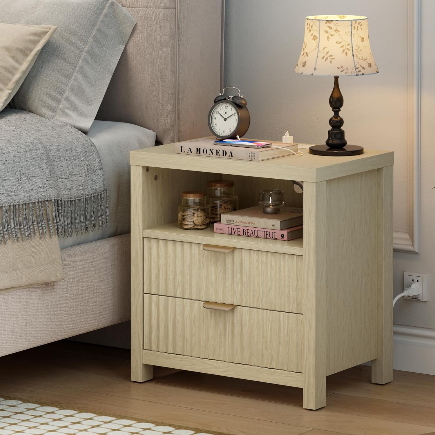 Furnulem Night Stand Fluted Nightstand with Charging Station
