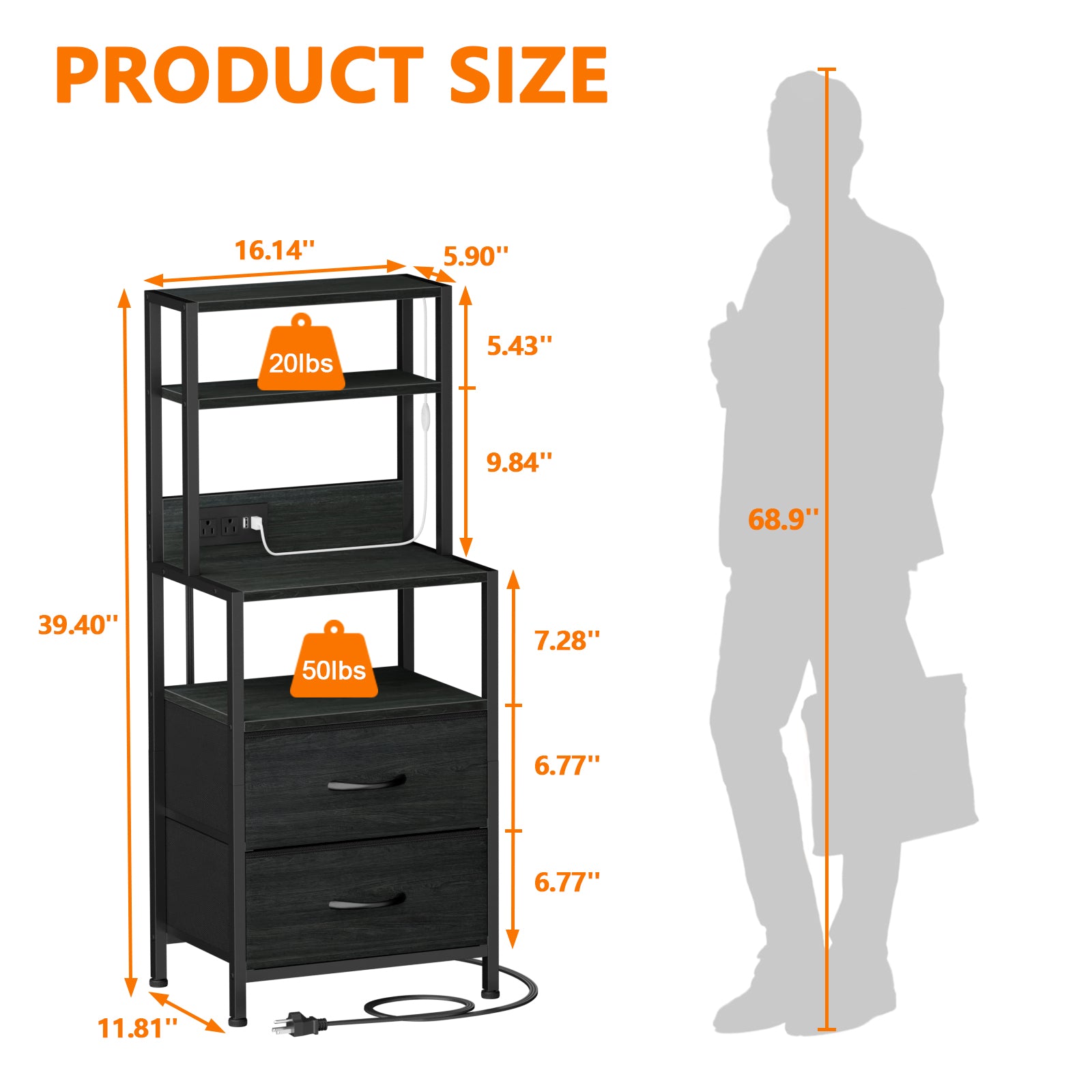 Furnulem Tall Nightstand with Light Tube and Charging Station