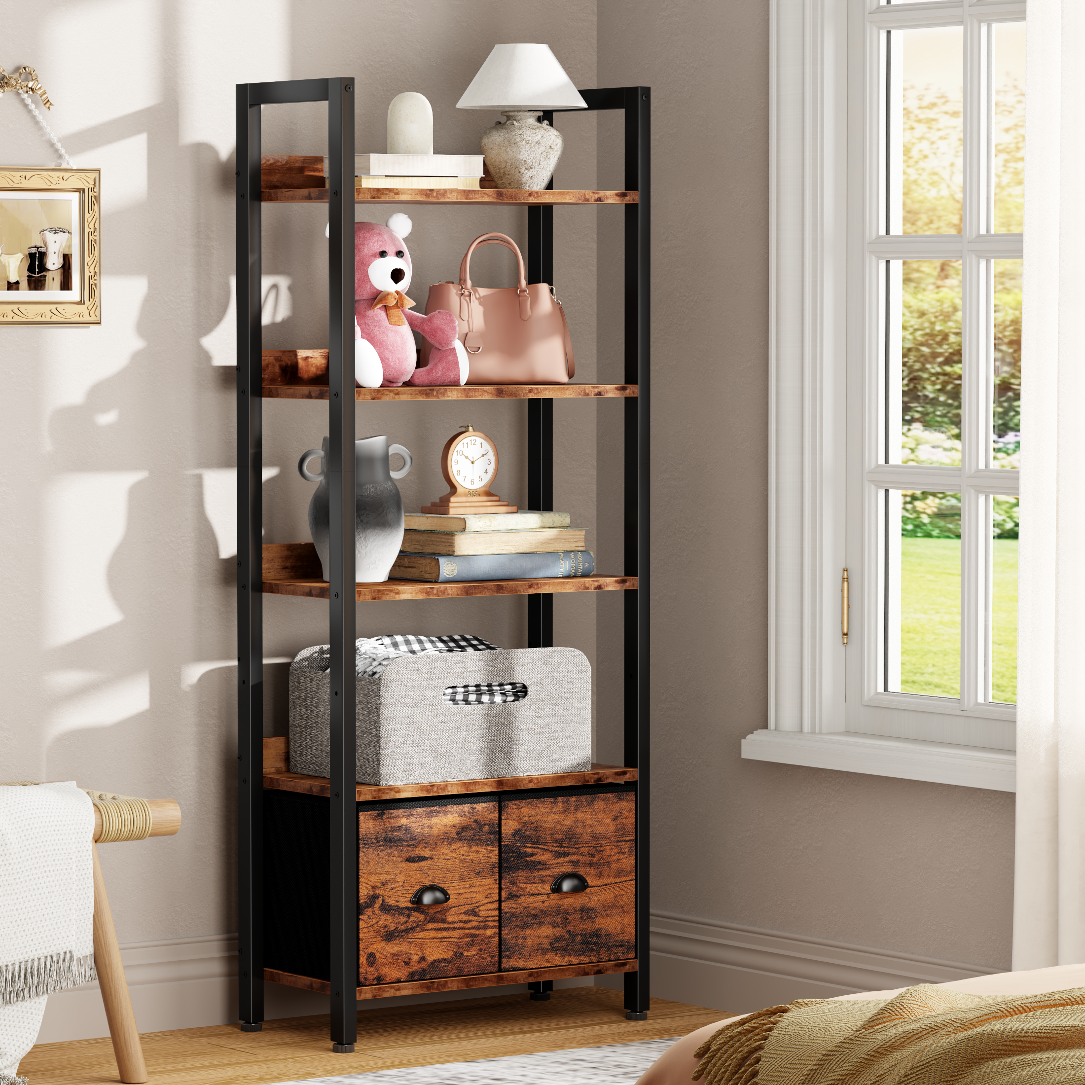 5 Tier Industrial Tall Bookcase with Two Storage Drawers Wood Metal Display Bookshelf Standing Organizer Shelf for Home Office Living Room Brown