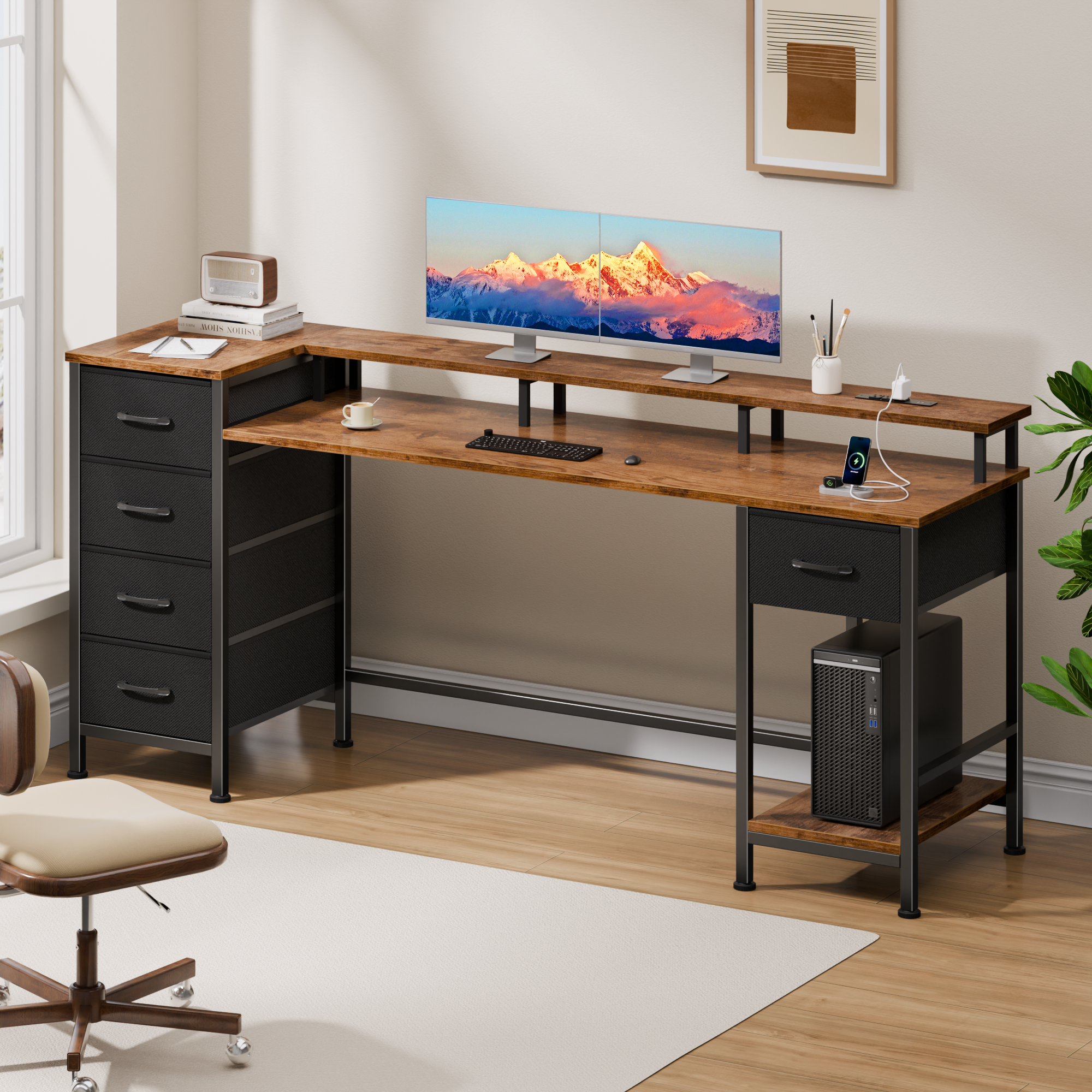 61 Inch Brown Computer Desk with Charging Station Gaming Desk LED Lights Reversible 5 Fabric Drawers Home Office Writing Table Study Storage