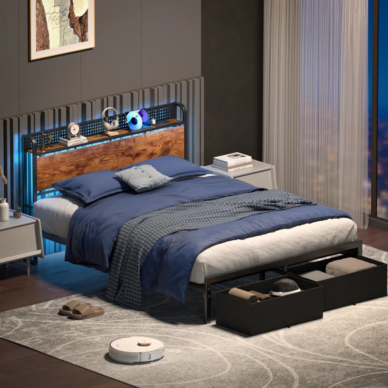 Bed Frame with 2 Drawers & Storage Headboard, Platform Metal Bed with Charging Station, No Box Spring Needed