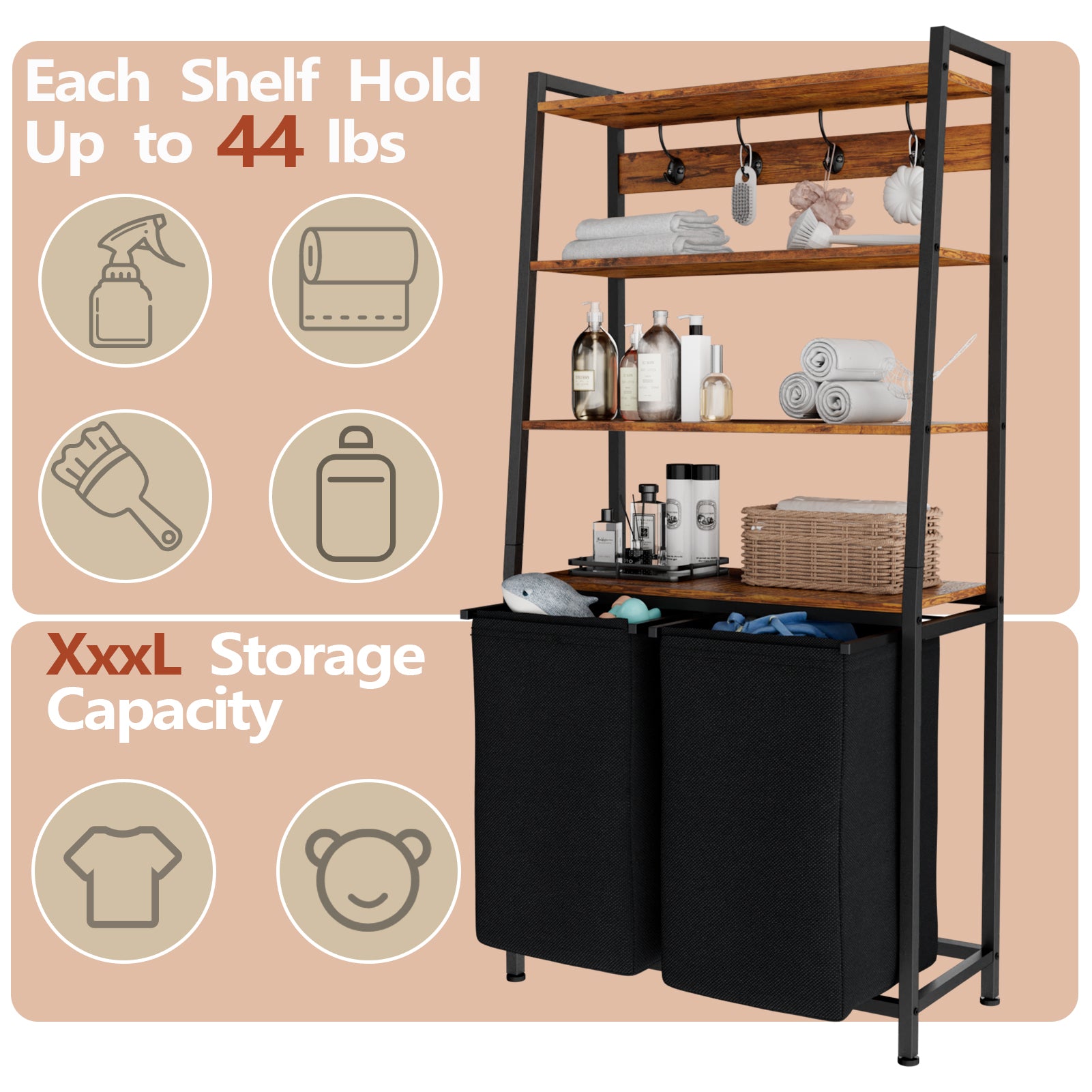 Double Laundry Hamper with Shelf 4 Tier Tall Laundry Basket Sorter with Two Removable Bags Clothing Storage Organizer and Hooks for Bathroom Bedroom