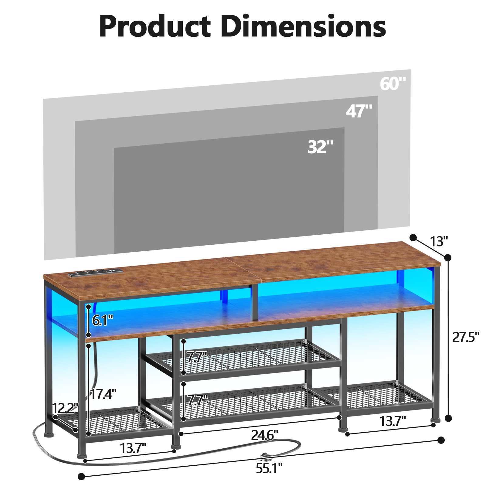 55 Inch Brown TV Stand with Charging Station LED Lights Entertainment Center for TVs up to 60 Inch Media Console Storage Shelves Living Room Bedroom